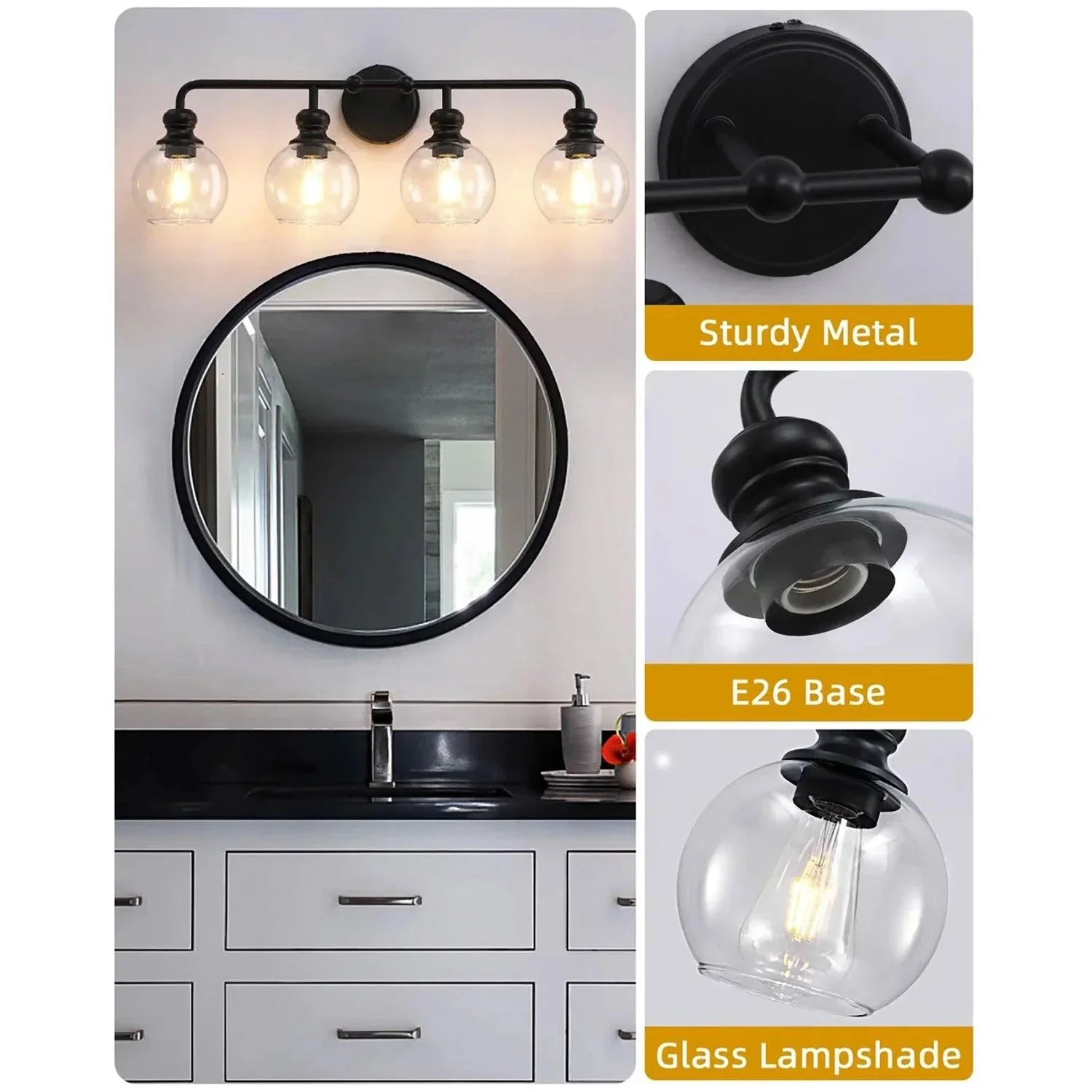 Irvine Black Modern Clear Glass 4-Light Vanity Light - Image 3