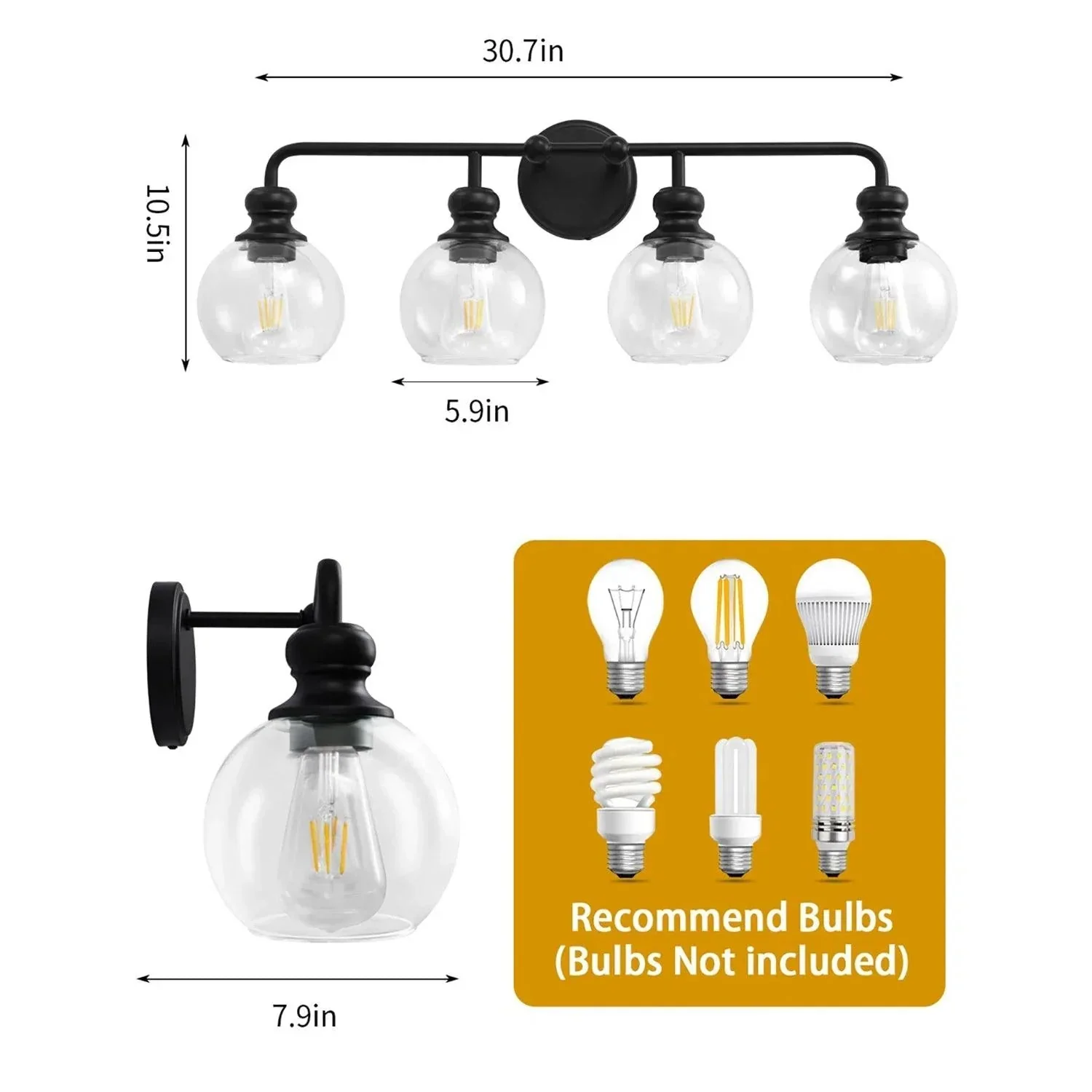 Irvine Black Modern Clear Glass 4-Light Vanity Light - Image 7