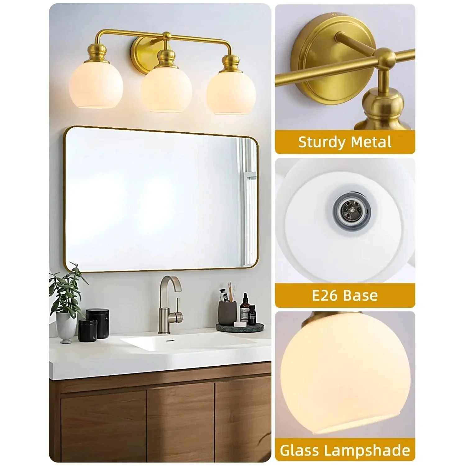 Irvine Gold Modern Frosted Glass 3-Light Vanity Light - Image 3