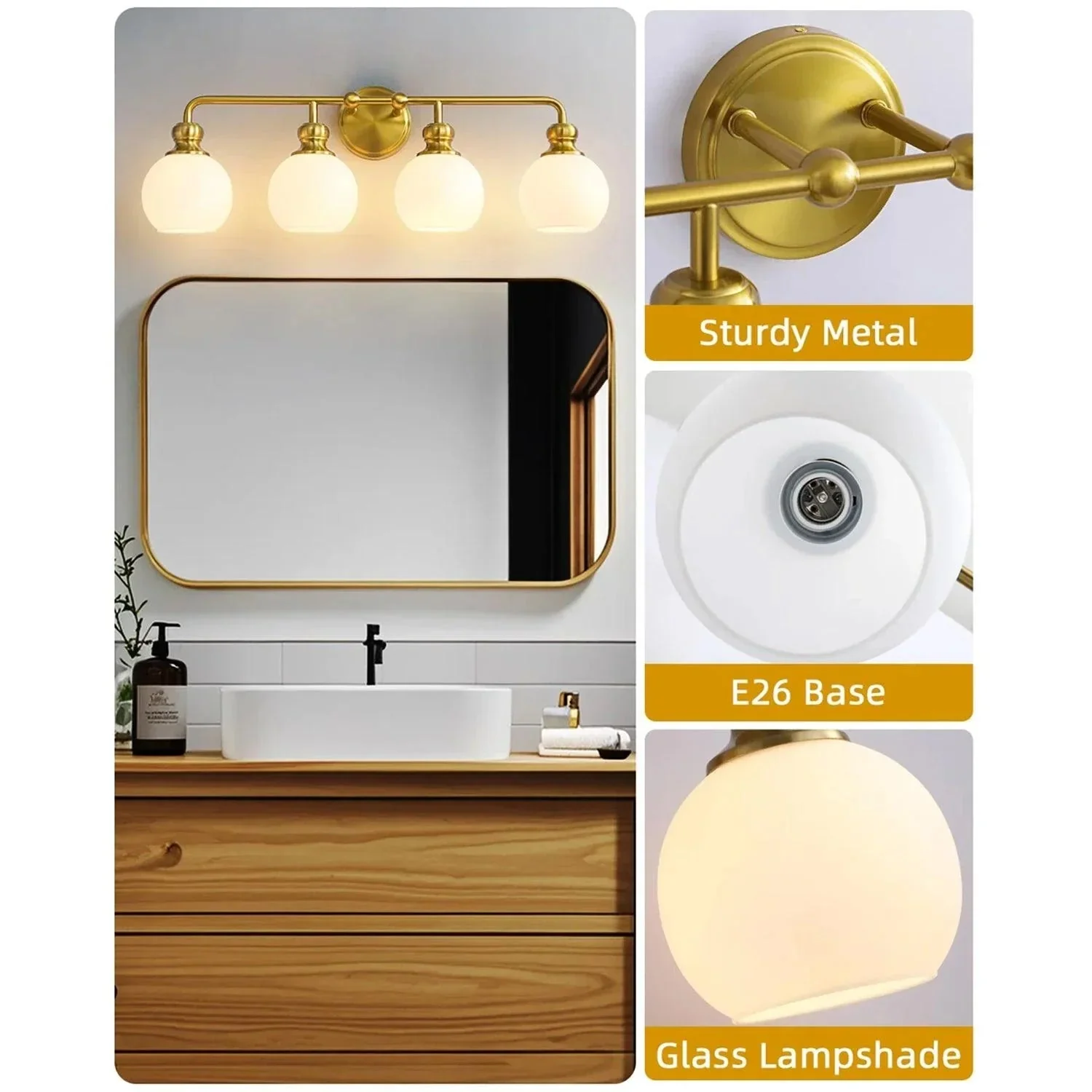 Irvine Gold Modern Frosted Glass 4-Light Vanity Light - Image 3