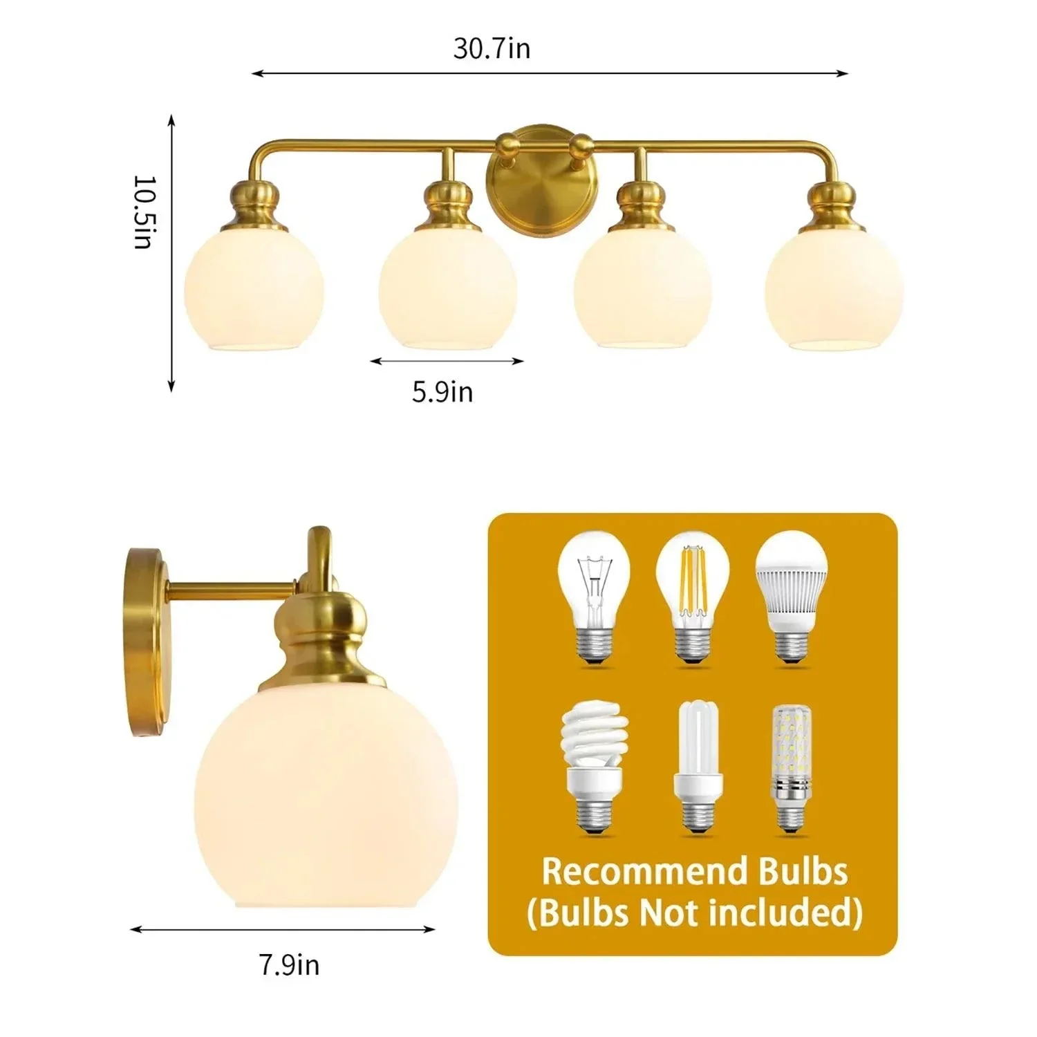 Irvine Gold Modern Frosted Glass 4-Light Vanity Light - Image 9