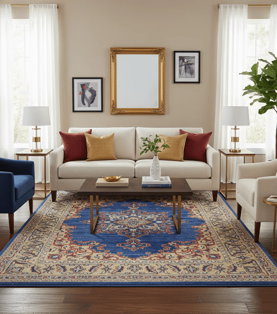 Isfahan Custom Made Traditional Blue And Beige Hand Knotted Wool Rug - Image 2