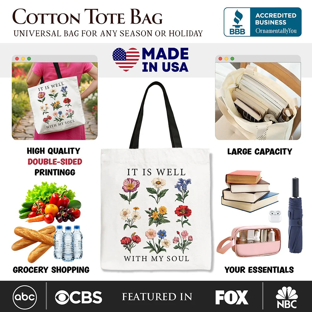 It Is Well With My Soul Christian Floral Canvas Tote Bag, Gift With Bible Verse Design - Image 2