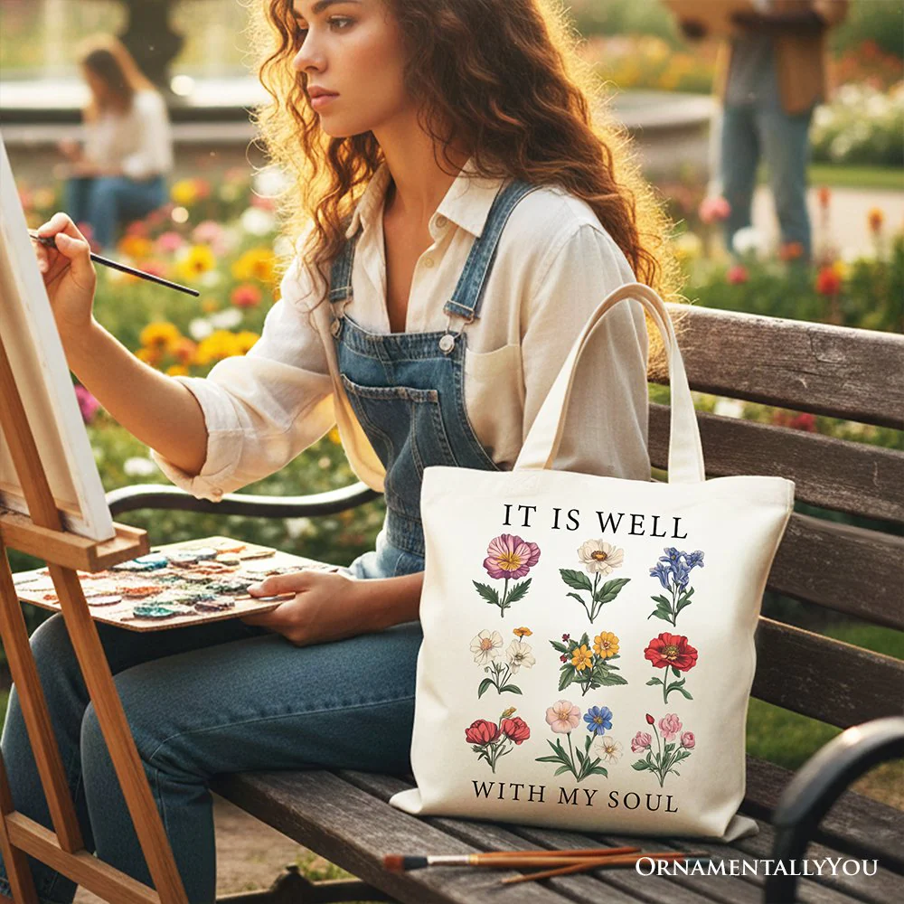 It Is Well With My Soul Christian Floral Canvas Tote Bag, Gift With Bible Verse Design - Image 7