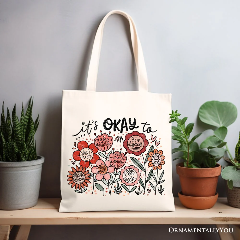 It's Okay Floral Affirmation Canvas Tote Bag, Boho Motivational Gift for Kind and Inspirational Women - Image 4