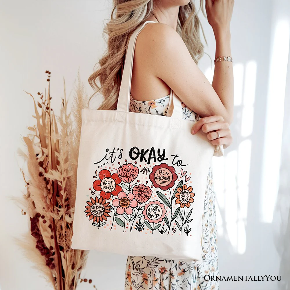 It's Okay Floral Affirmation Canvas Tote Bag, Boho Motivational Gift for Kind and Inspirational Women - Image 8