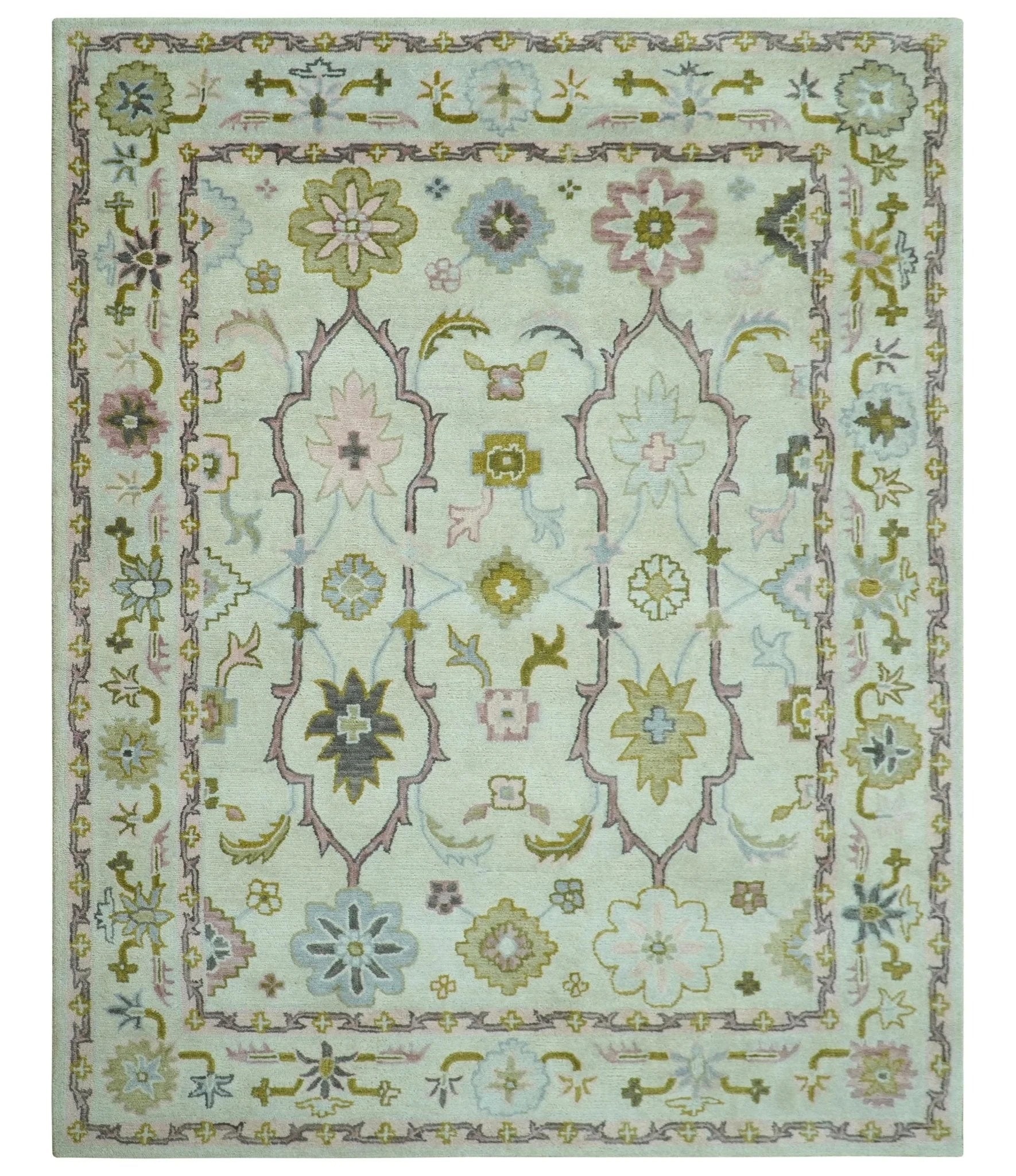 Ivory, Purple and Olive Floral Oushak Hand Tufted Custom Made wool rug