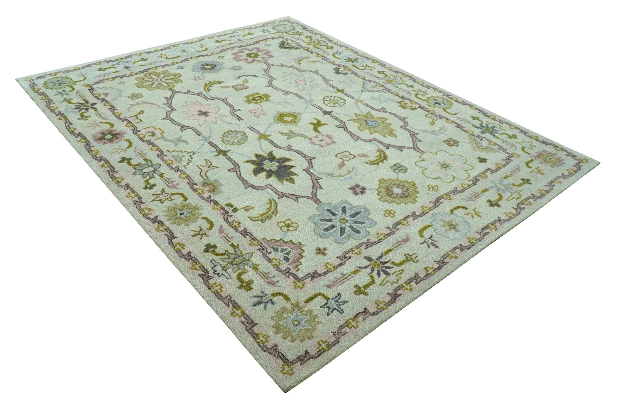 Ivory, Purple and Olive Floral Oushak Hand Tufted Custom Made wool rug - Image 9