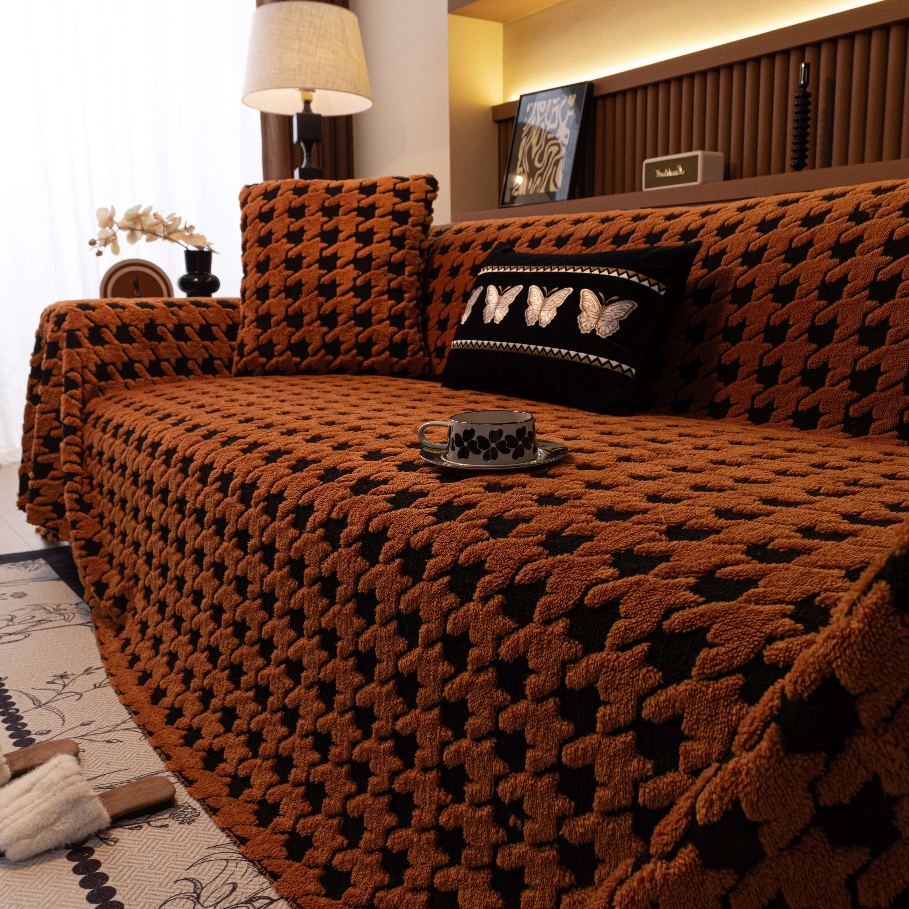 Jacquard Fleece Houndstooth Warm Cozy Couch Cover Blanket Decorative Throws for Sofas - Image 100