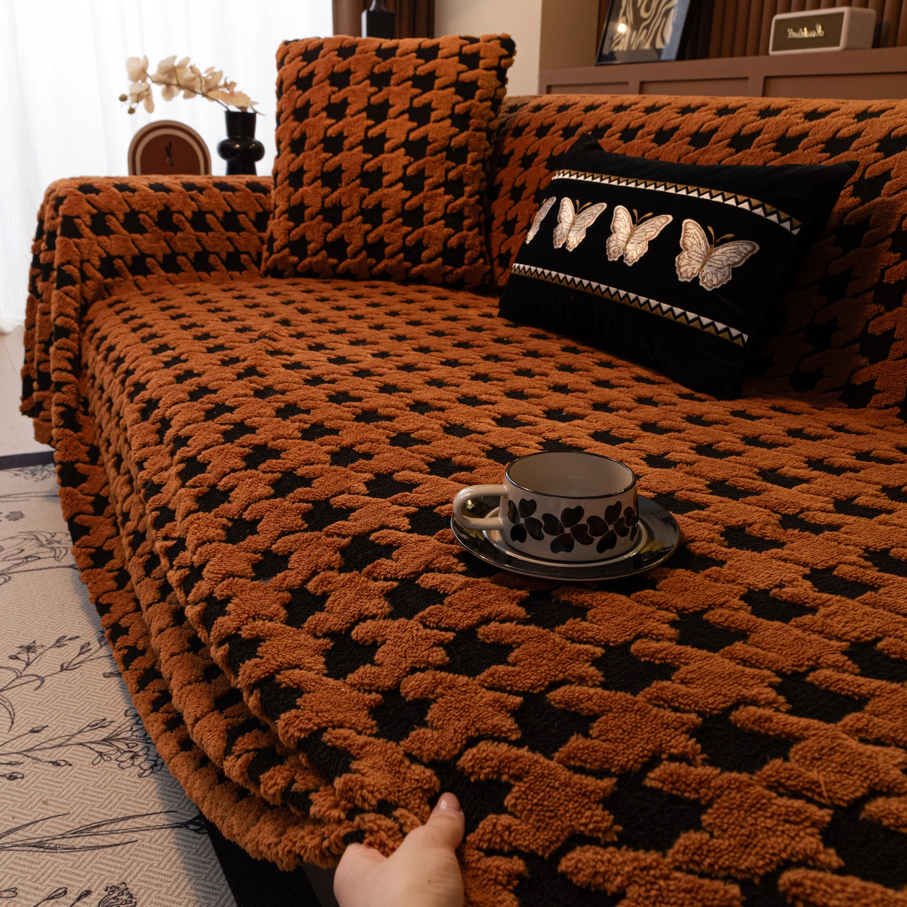 Jacquard Fleece Houndstooth Warm Cozy Couch Cover Blanket Decorative Throws for Sofas - Image 103