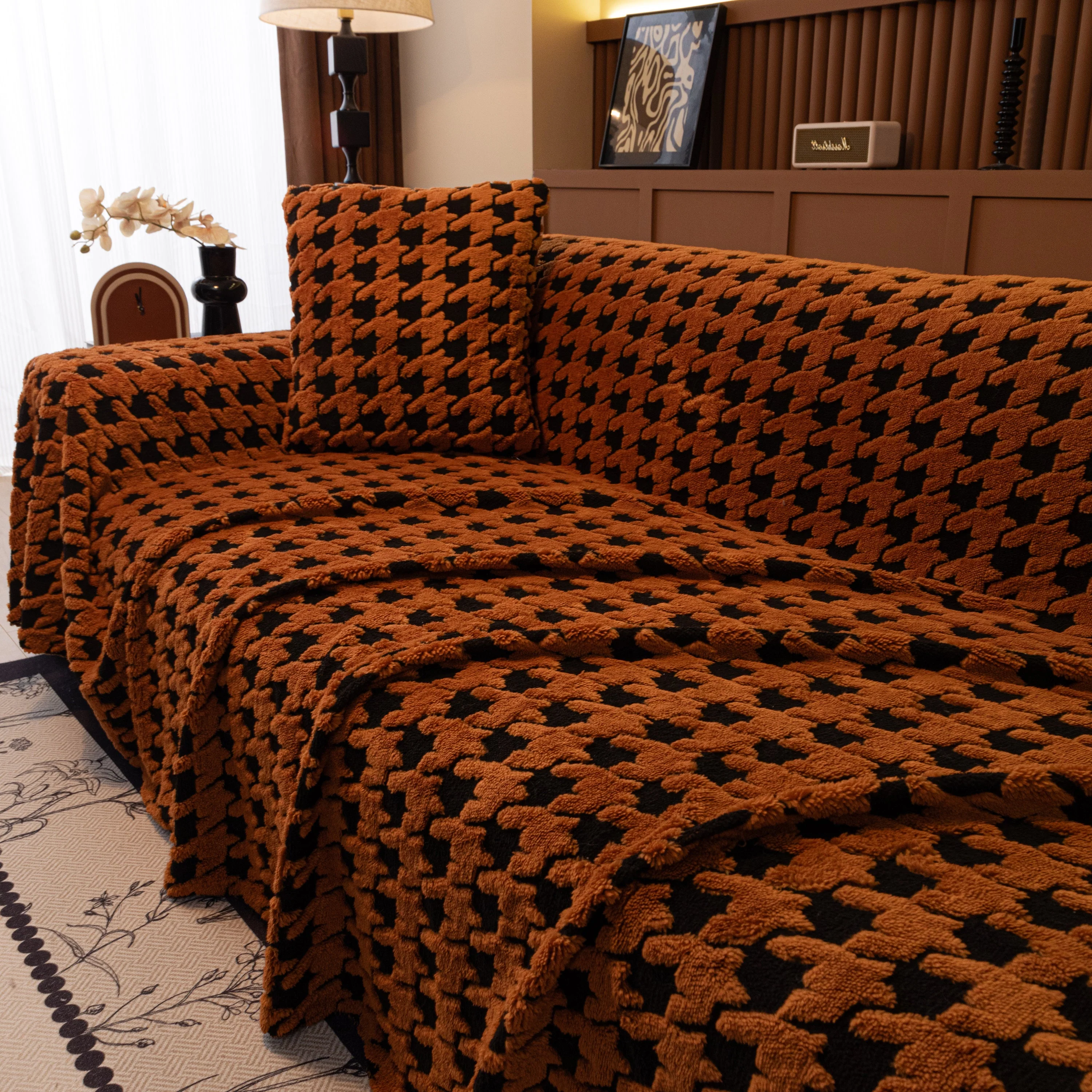 Jacquard Fleece Houndstooth Warm Cozy Couch Cover Blanket Decorative Throws for Sofas - Image 106