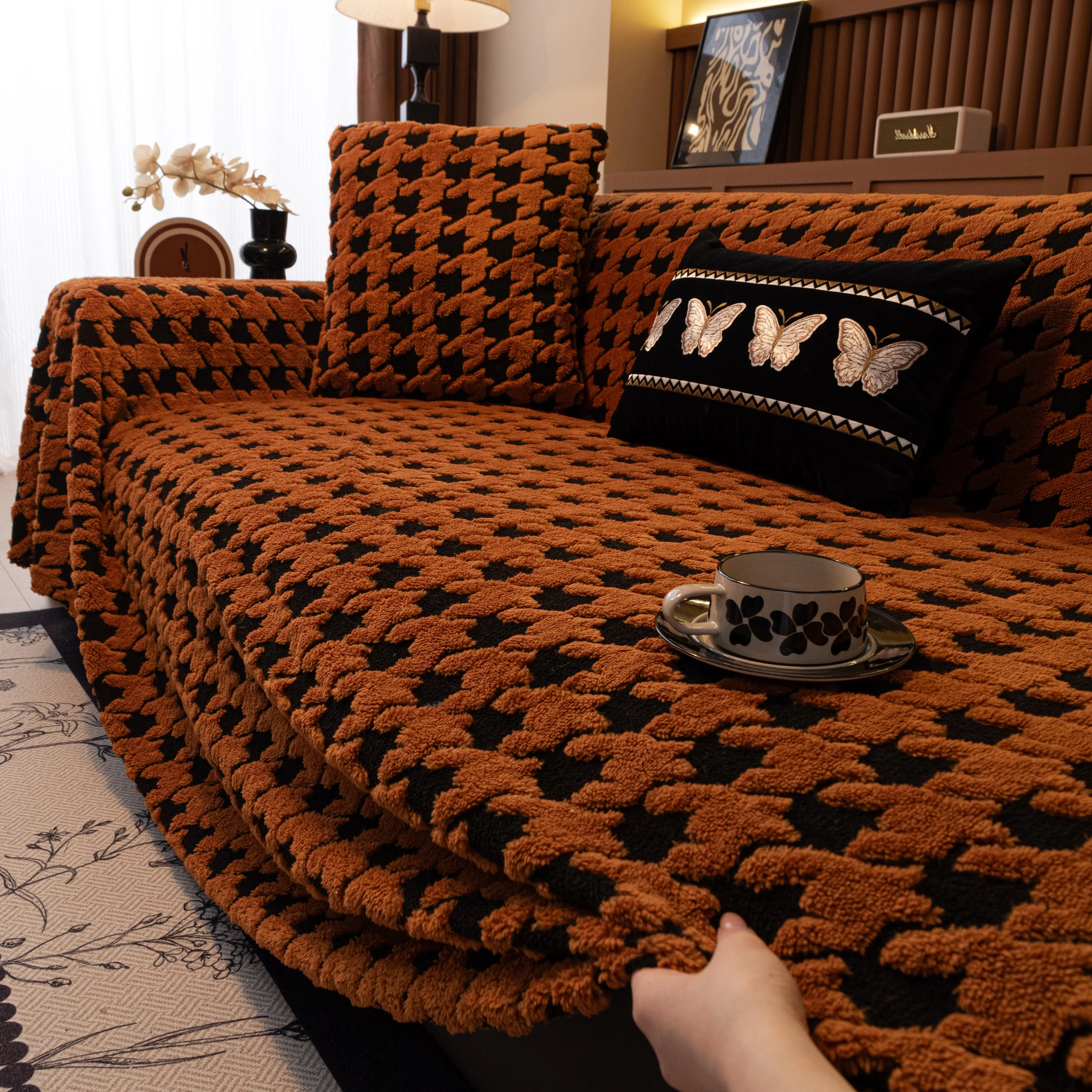 Jacquard Fleece Houndstooth Warm Cozy Couch Cover Blanket Decorative Throws for Sofas - Image 110