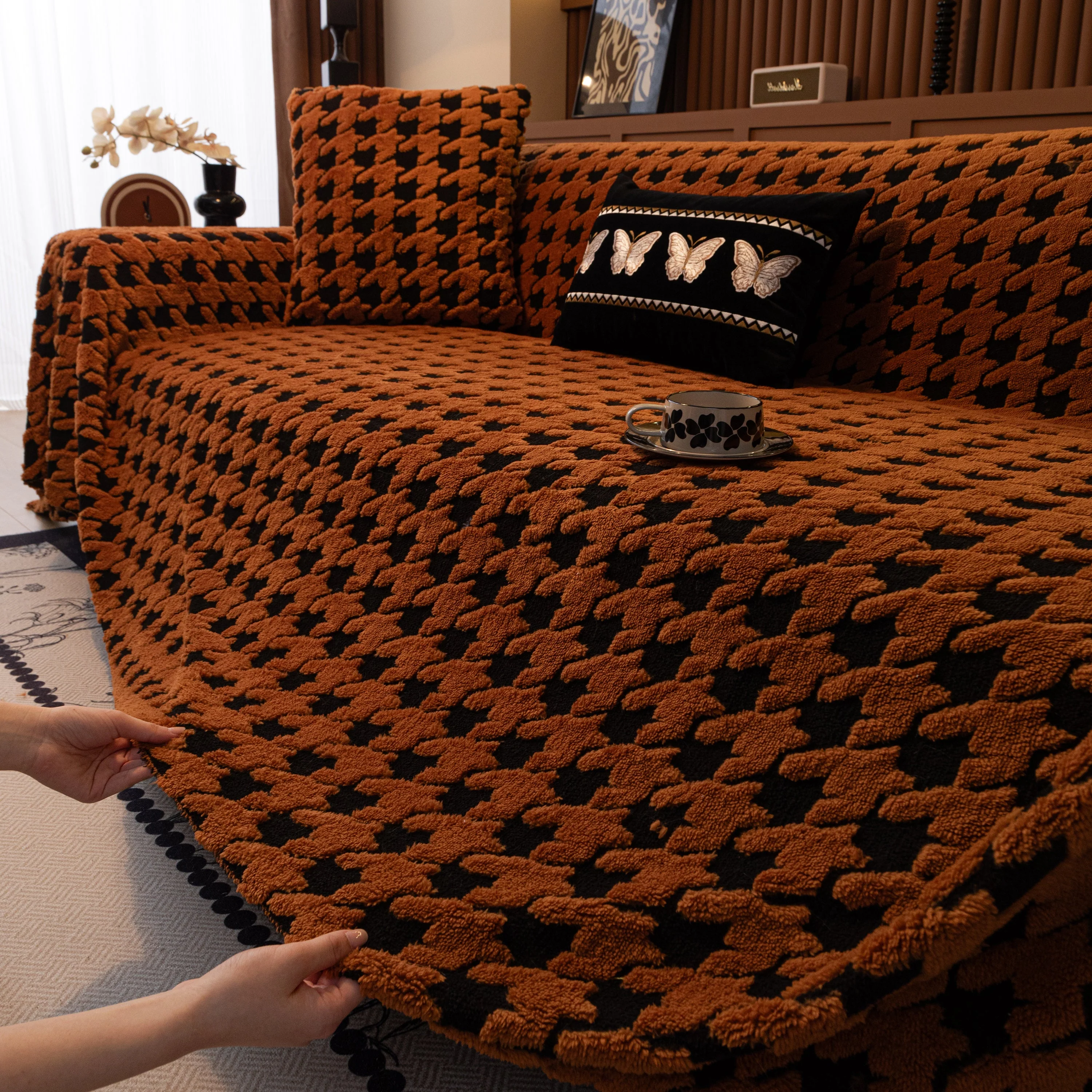 Jacquard Fleece Houndstooth Warm Cozy Couch Cover Blanket Decorative Throws for Sofas - Image 111