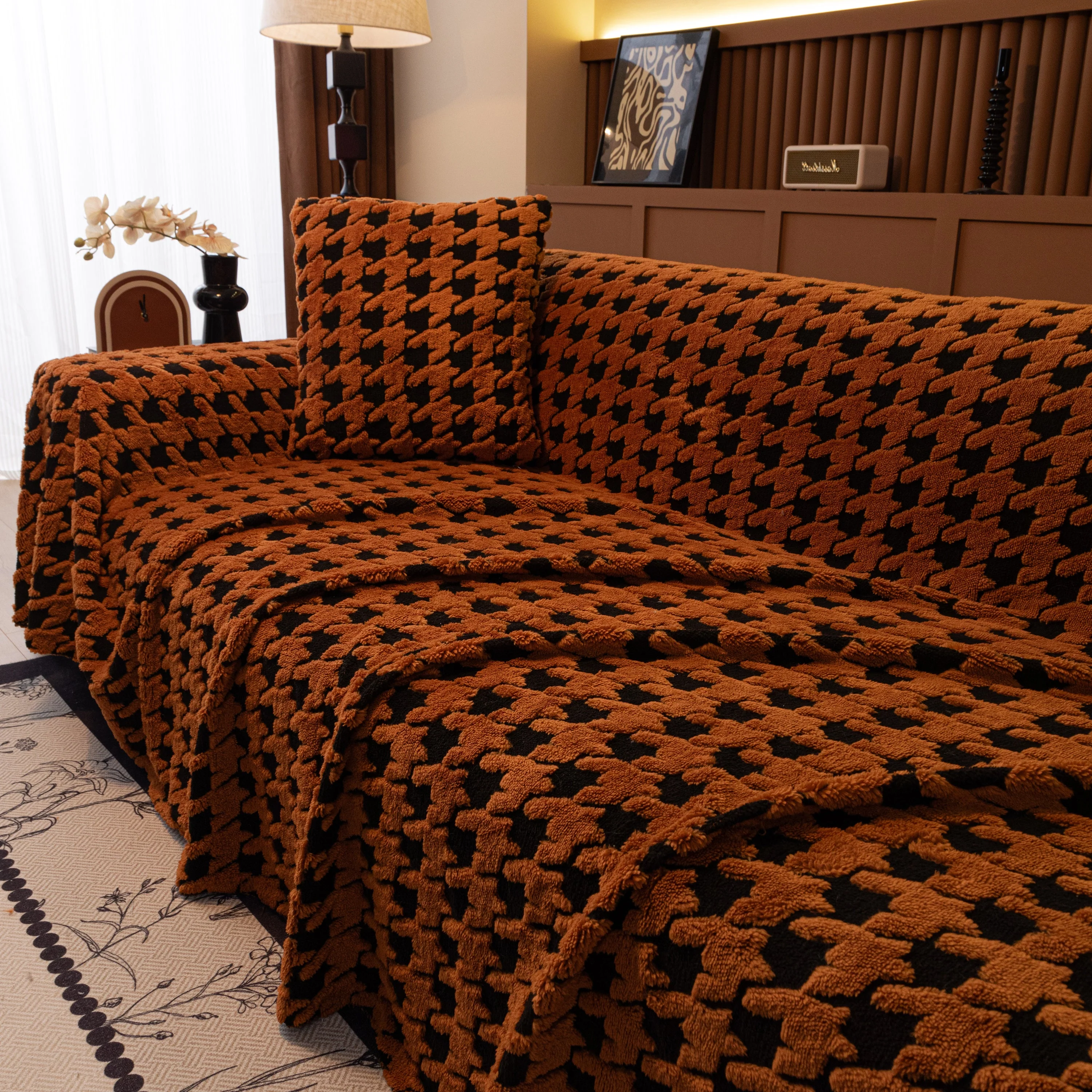 Jacquard Fleece Houndstooth Warm Cozy Couch Cover Blanket Decorative Throws for Sofas - Image 112