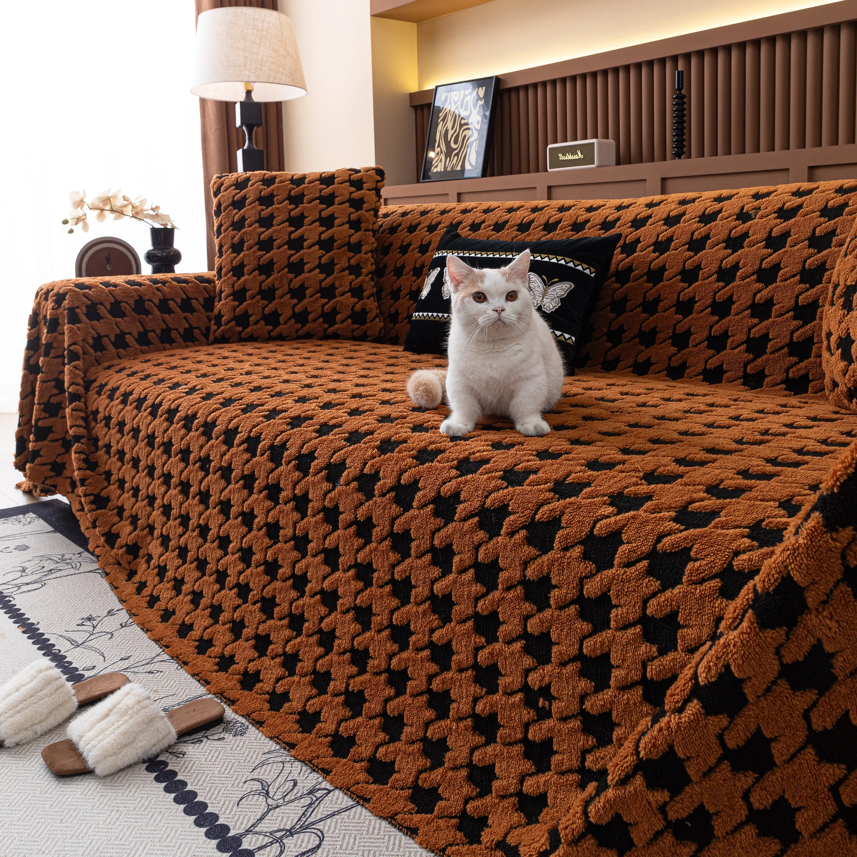 Jacquard Fleece Houndstooth Warm Cozy Couch Cover Blanket Decorative Throws for Sofas - Image 115