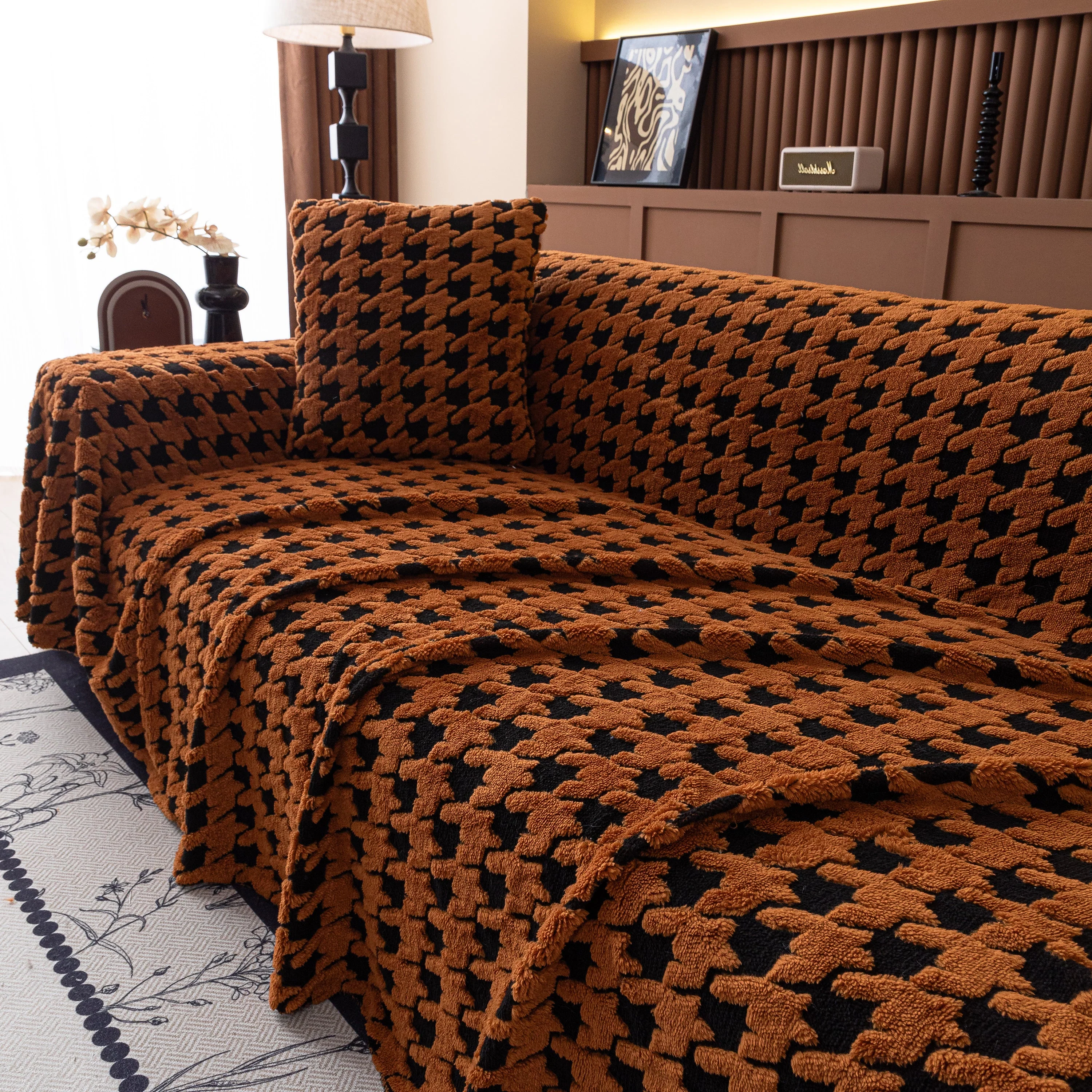 Jacquard Fleece Houndstooth Warm Cozy Couch Cover Blanket Decorative Throws for Sofas - Image 117