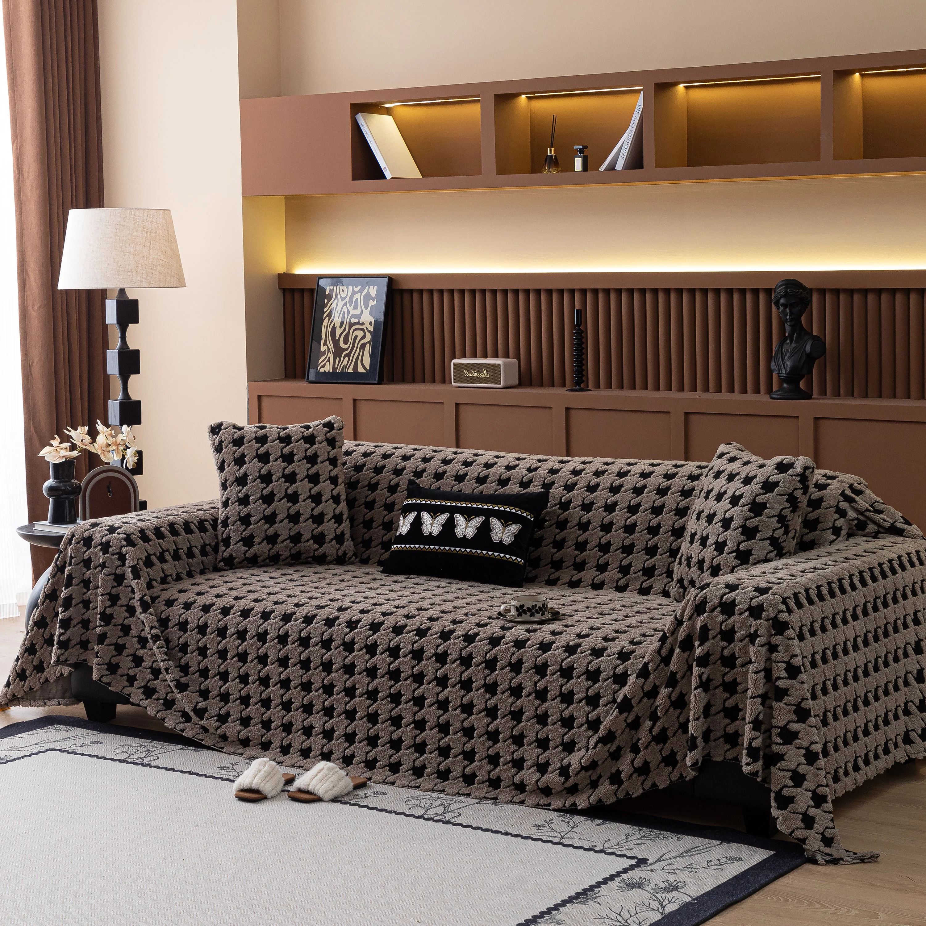Jacquard Fleece Houndstooth Warm Cozy Couch Cover Blanket Decorative Throws for Sofas - Image 132