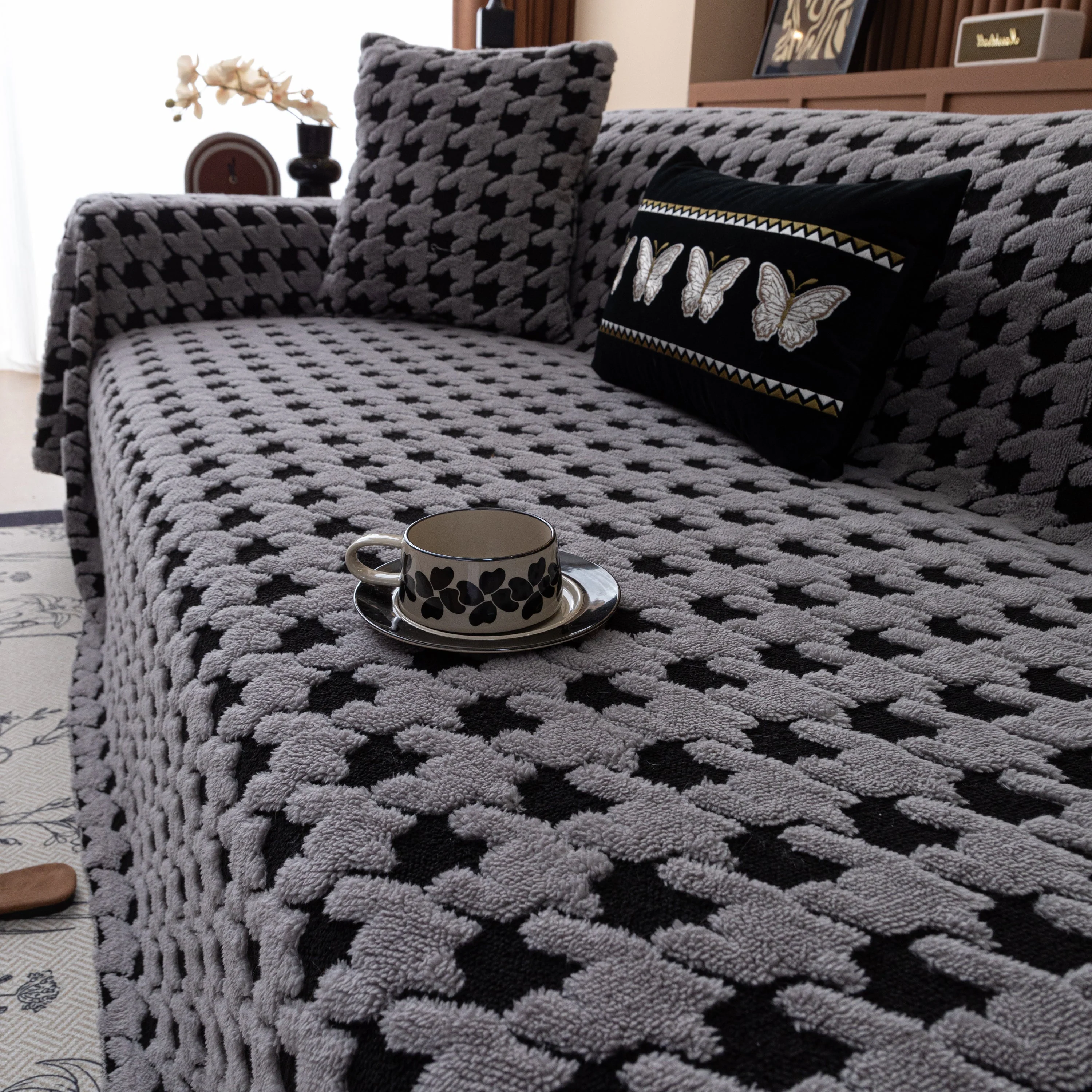 Jacquard Fleece Houndstooth Warm Cozy Couch Cover Blanket Decorative Throws for Sofas - Image 66