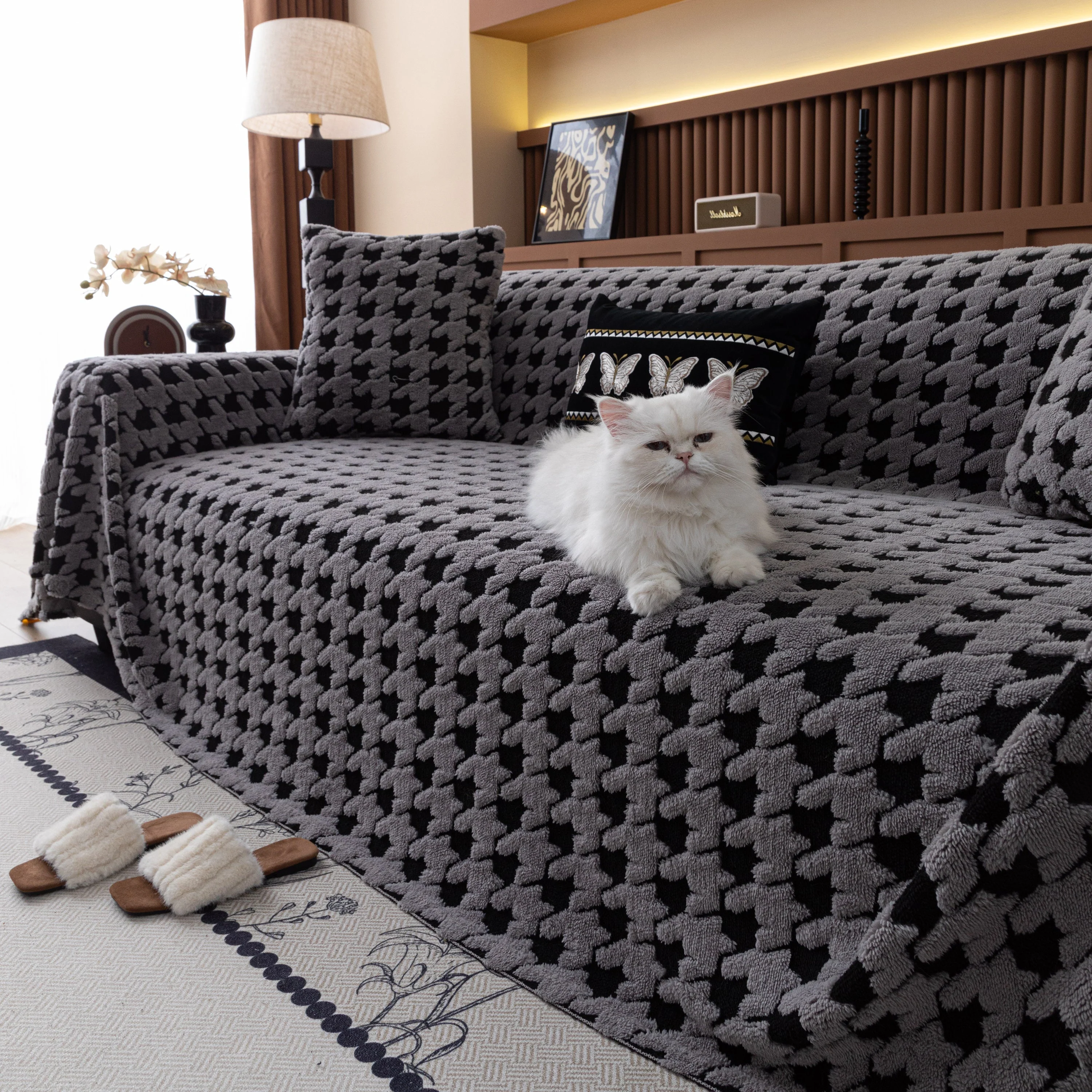 Jacquard Fleece Houndstooth Warm Cozy Couch Cover Blanket Decorative Throws for Sofas - Image 67