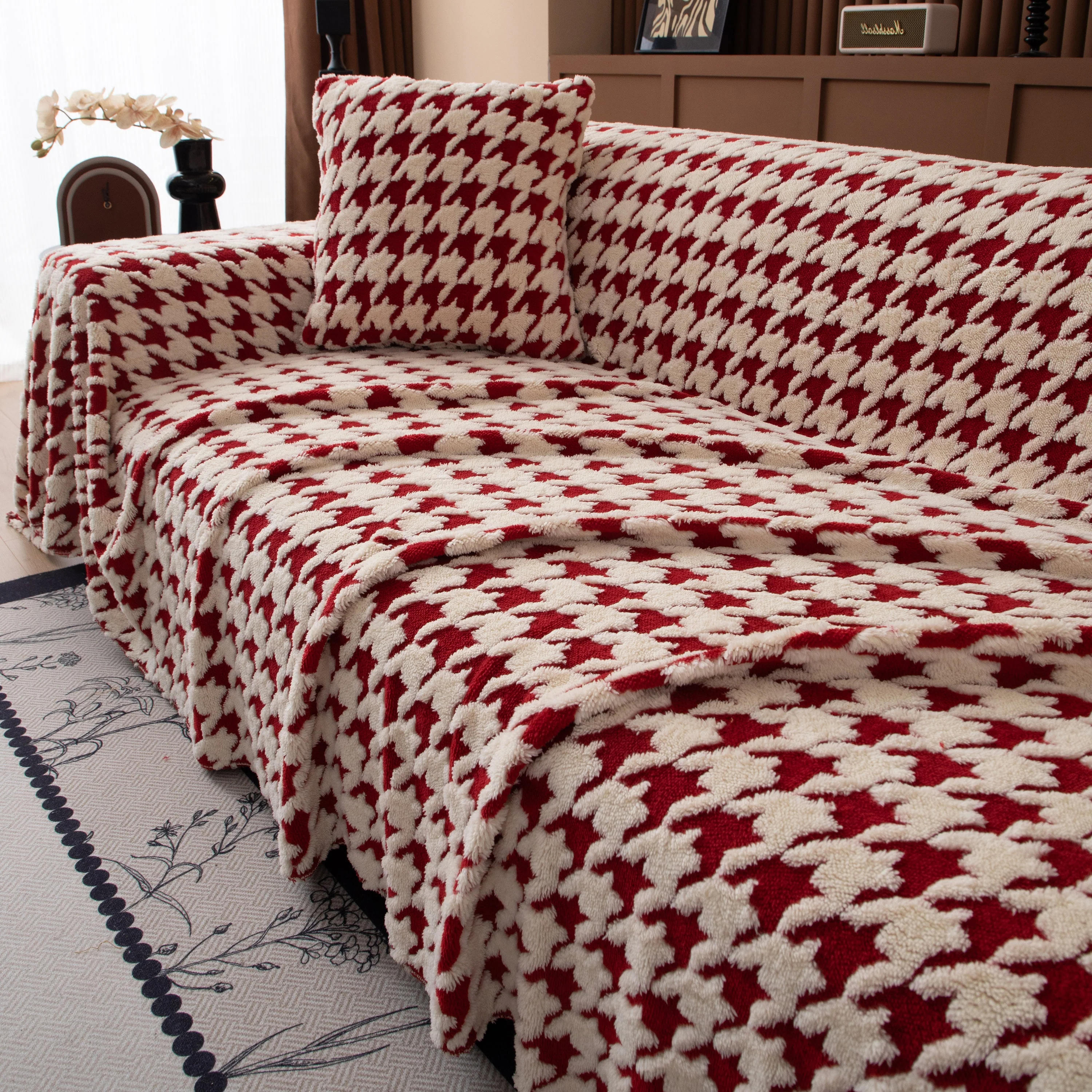 Jacquard Fleece Houndstooth Warm Cozy Couch Cover Blanket Decorative Throws for Sofas - Image 7
