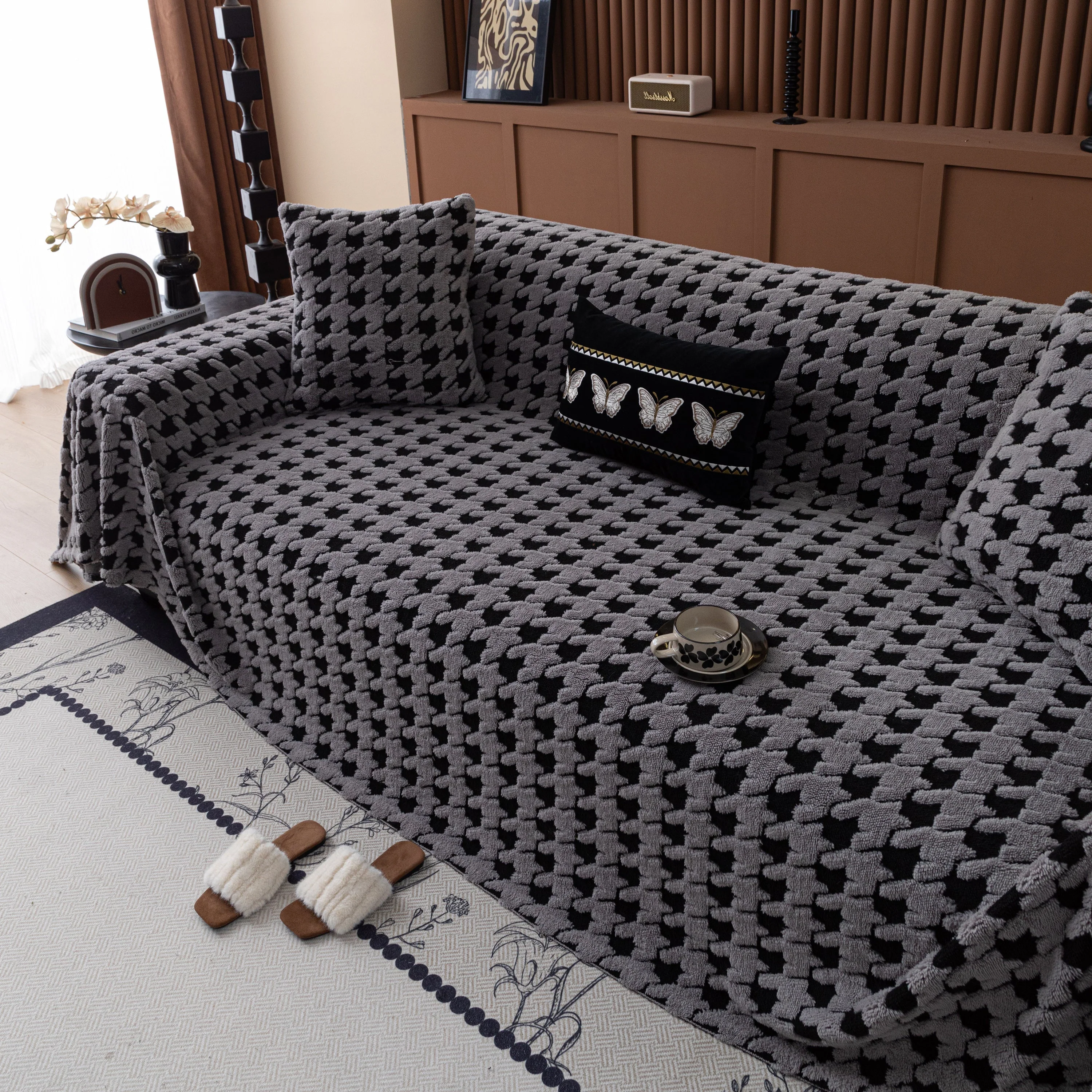 Jacquard Fleece Houndstooth Warm Cozy Couch Cover Blanket Decorative Throws for Sofas - Image 73