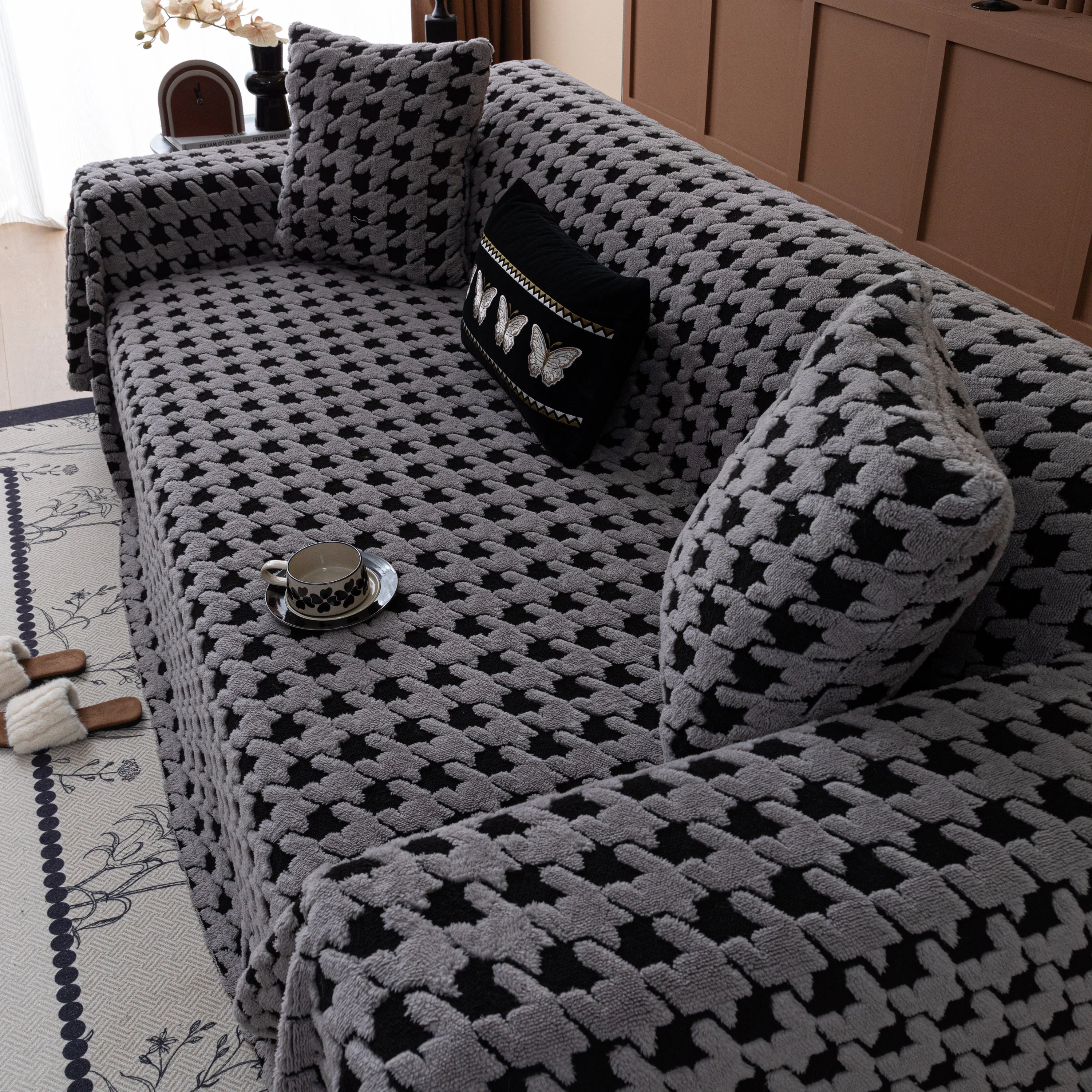 Jacquard Fleece Houndstooth Warm Cozy Couch Cover Blanket Decorative Throws for Sofas - Image 74