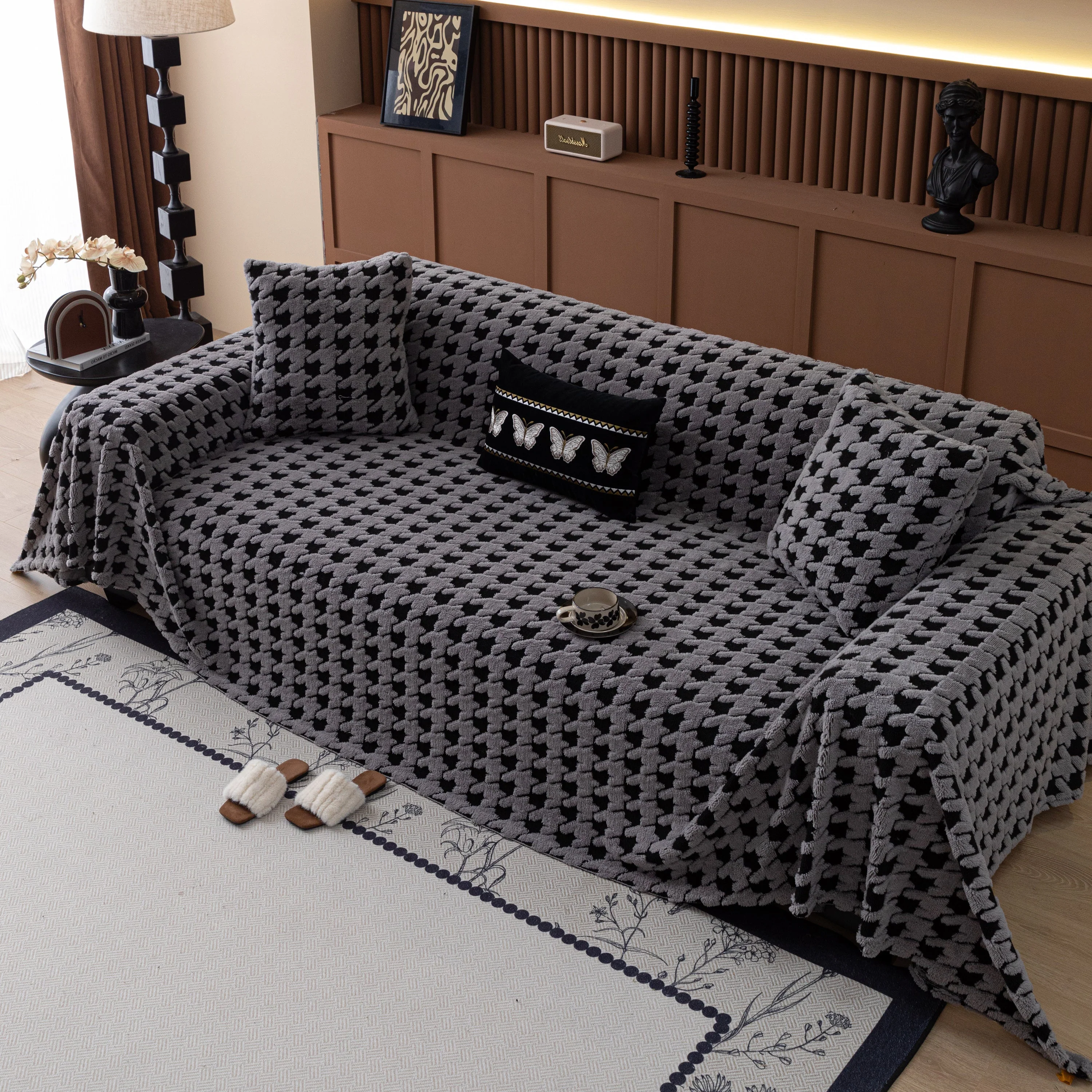 Jacquard Fleece Houndstooth Warm Cozy Couch Cover Blanket Decorative Throws for Sofas - Image 75