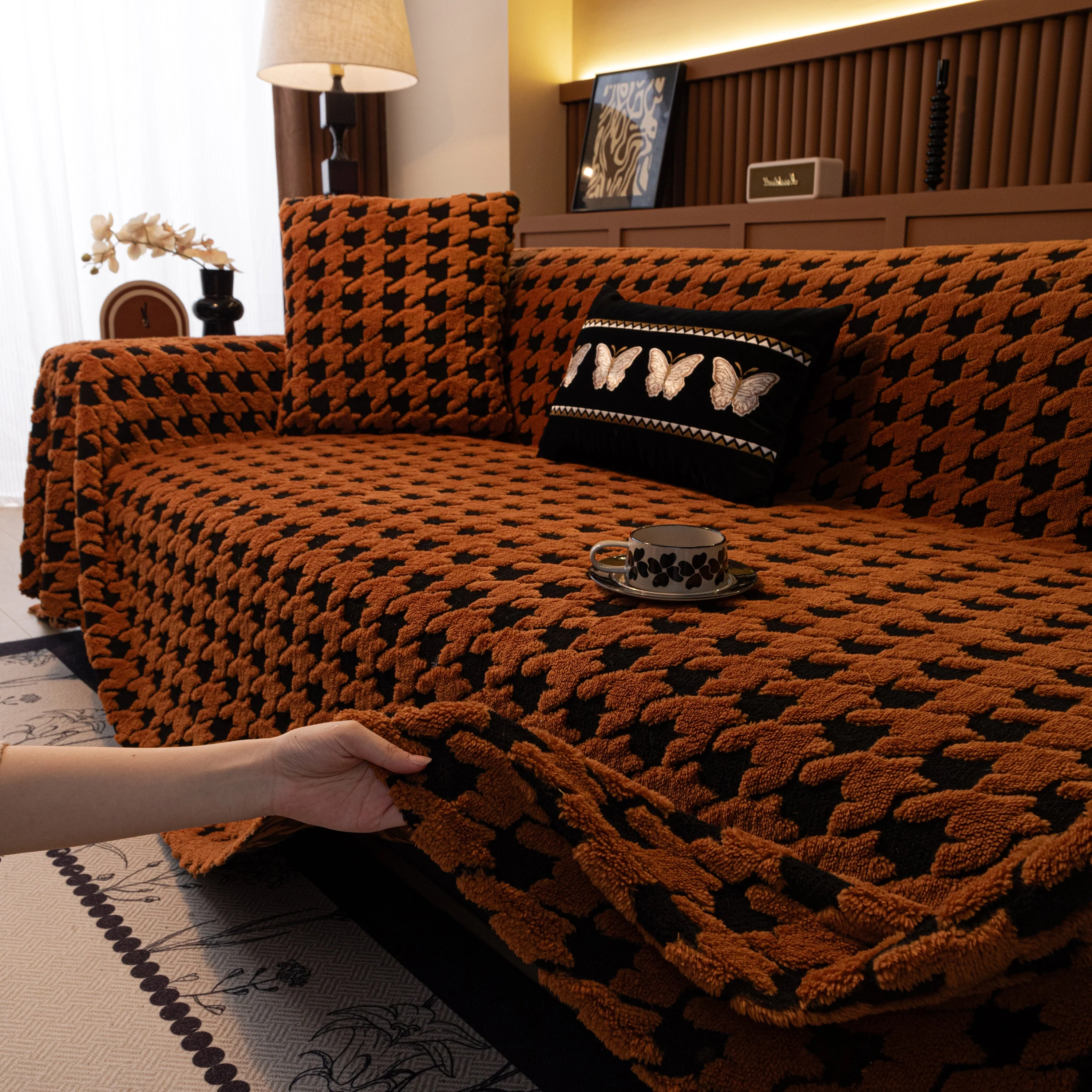 Jacquard Fleece Houndstooth Warm Cozy Couch Cover Blanket Decorative Throws for Sofas - Image 99