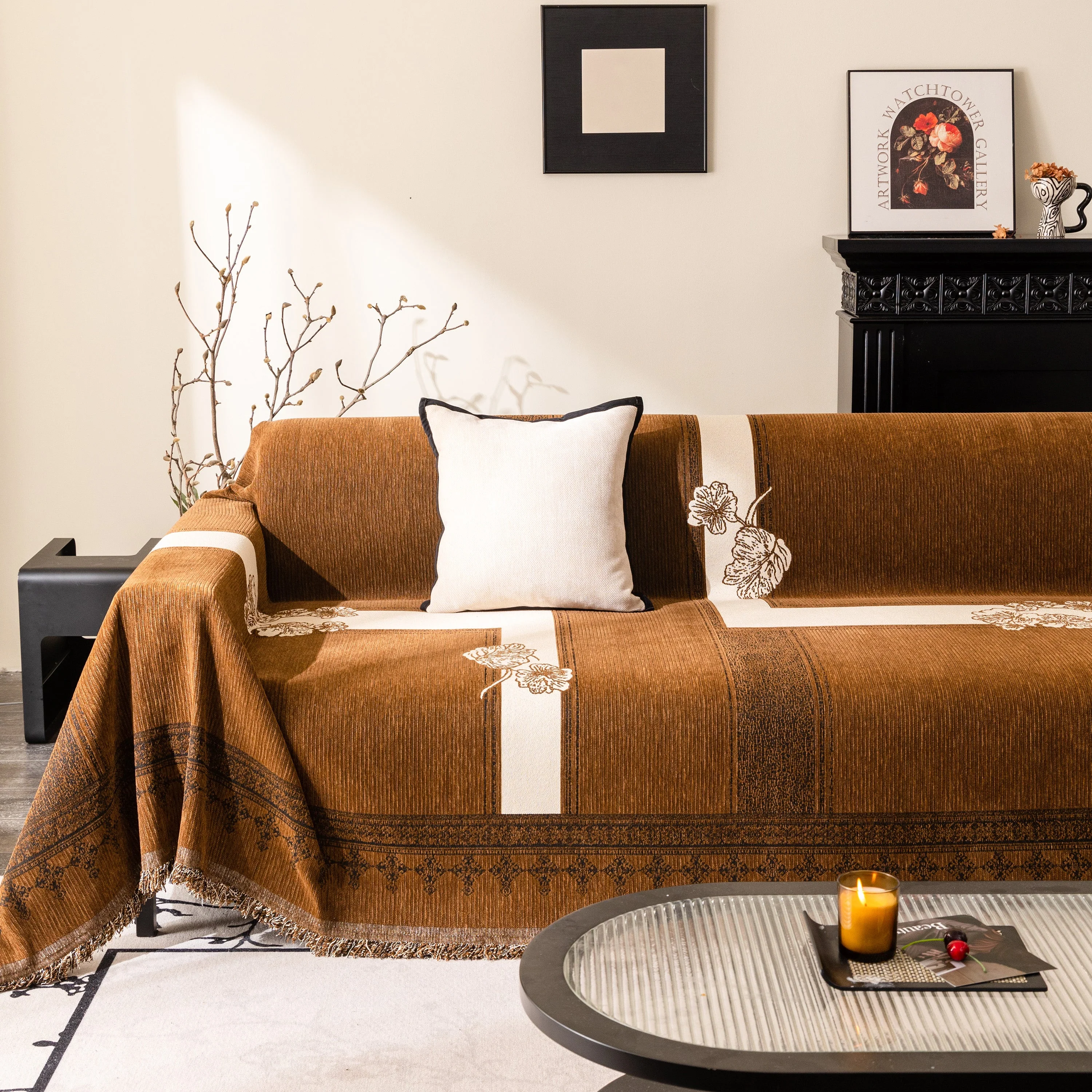 Jacquard Floral Band Sofa Cover with Tassels, Thick Textured Couch Throw Blanket - Image 10