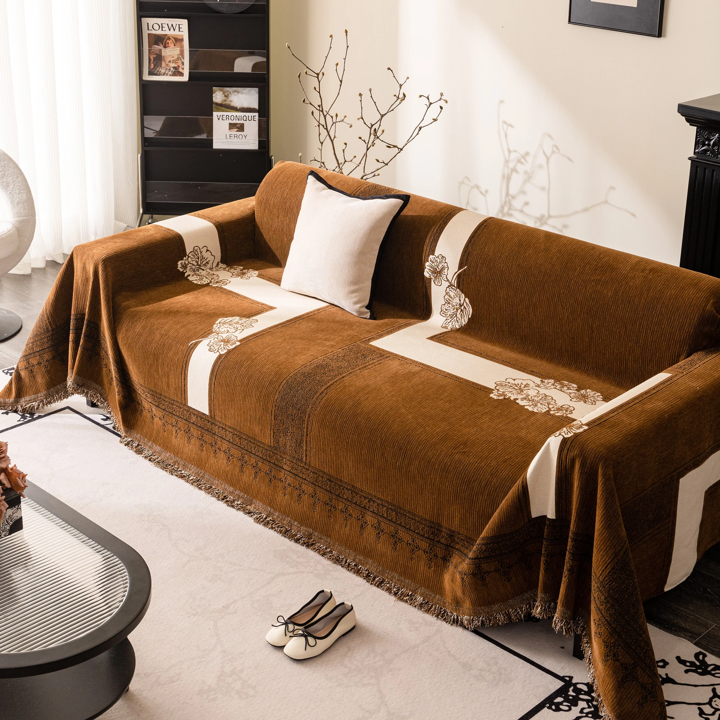 Jacquard Floral Band Sofa Cover with Tassels, Thick Textured Couch Throw Blanket - Image 19
