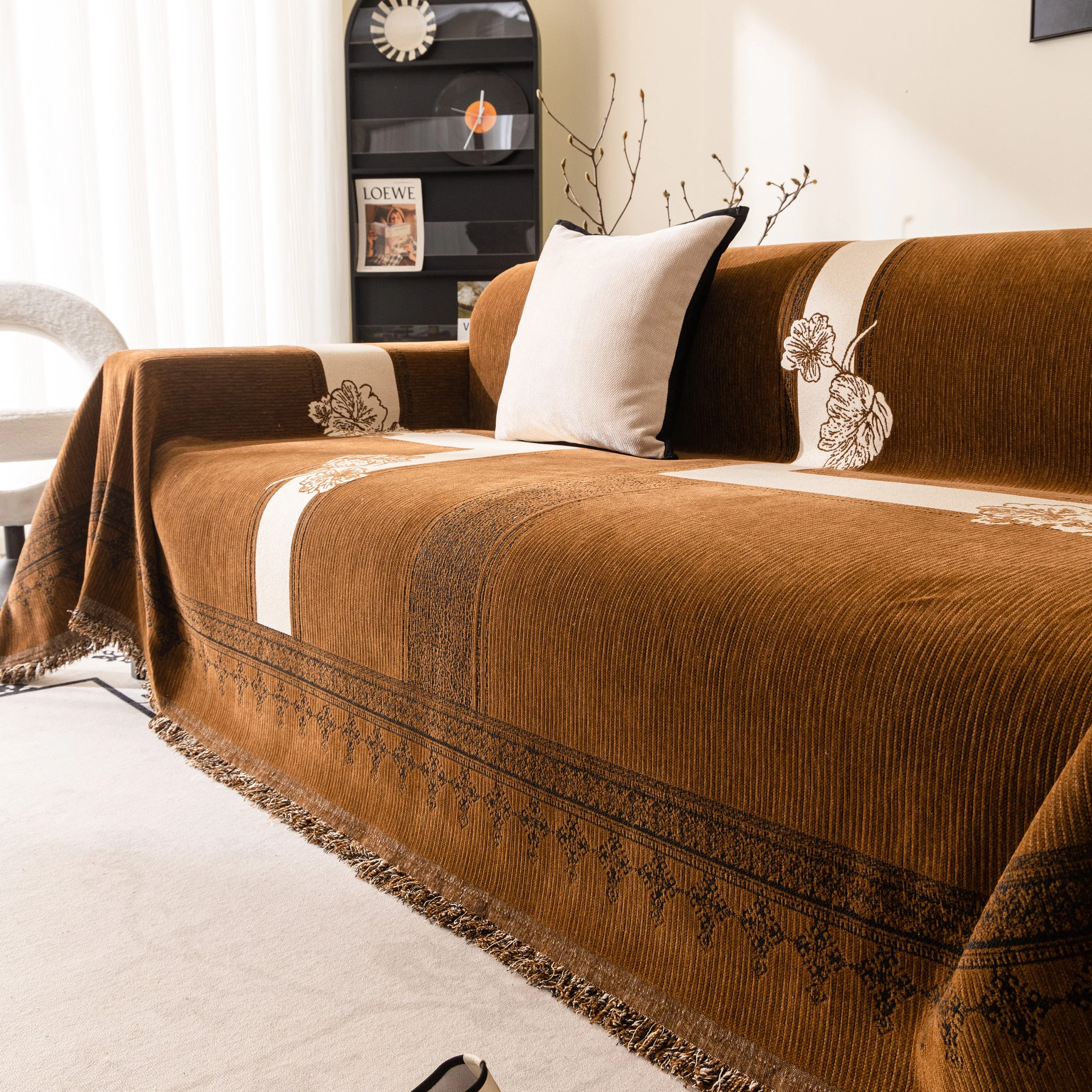 Jacquard Floral Band Sofa Cover with Tassels, Thick Textured Couch Throw Blanket - Image 20