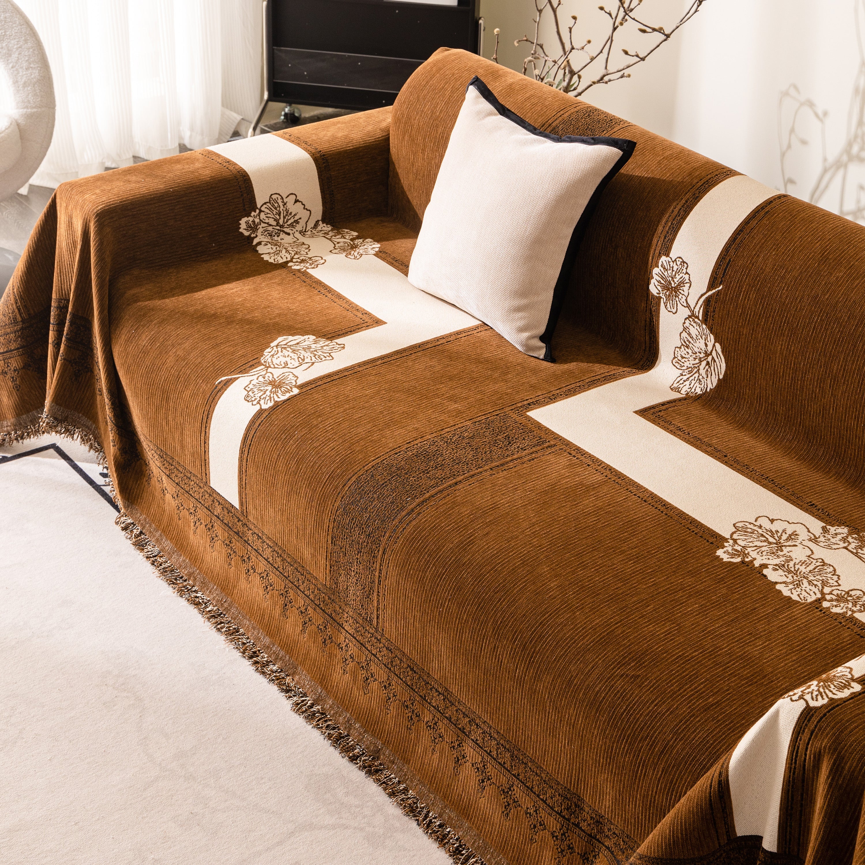 Jacquard Floral Band Sofa Cover with Tassels, Thick Textured Couch Throw Blanket - Image 21