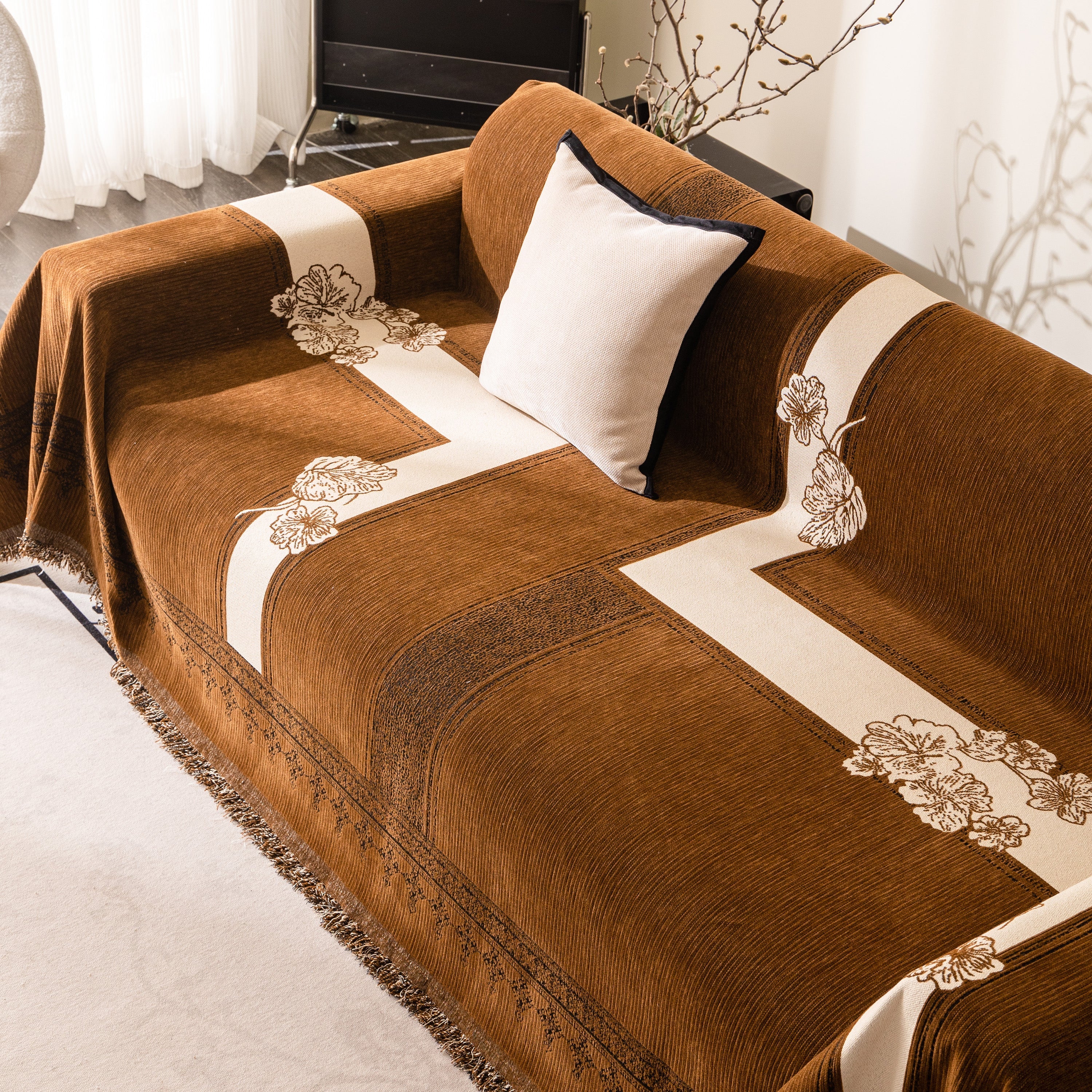 Jacquard Floral Band Sofa Cover with Tassels, Thick Textured Couch Throw Blanket - Image 22