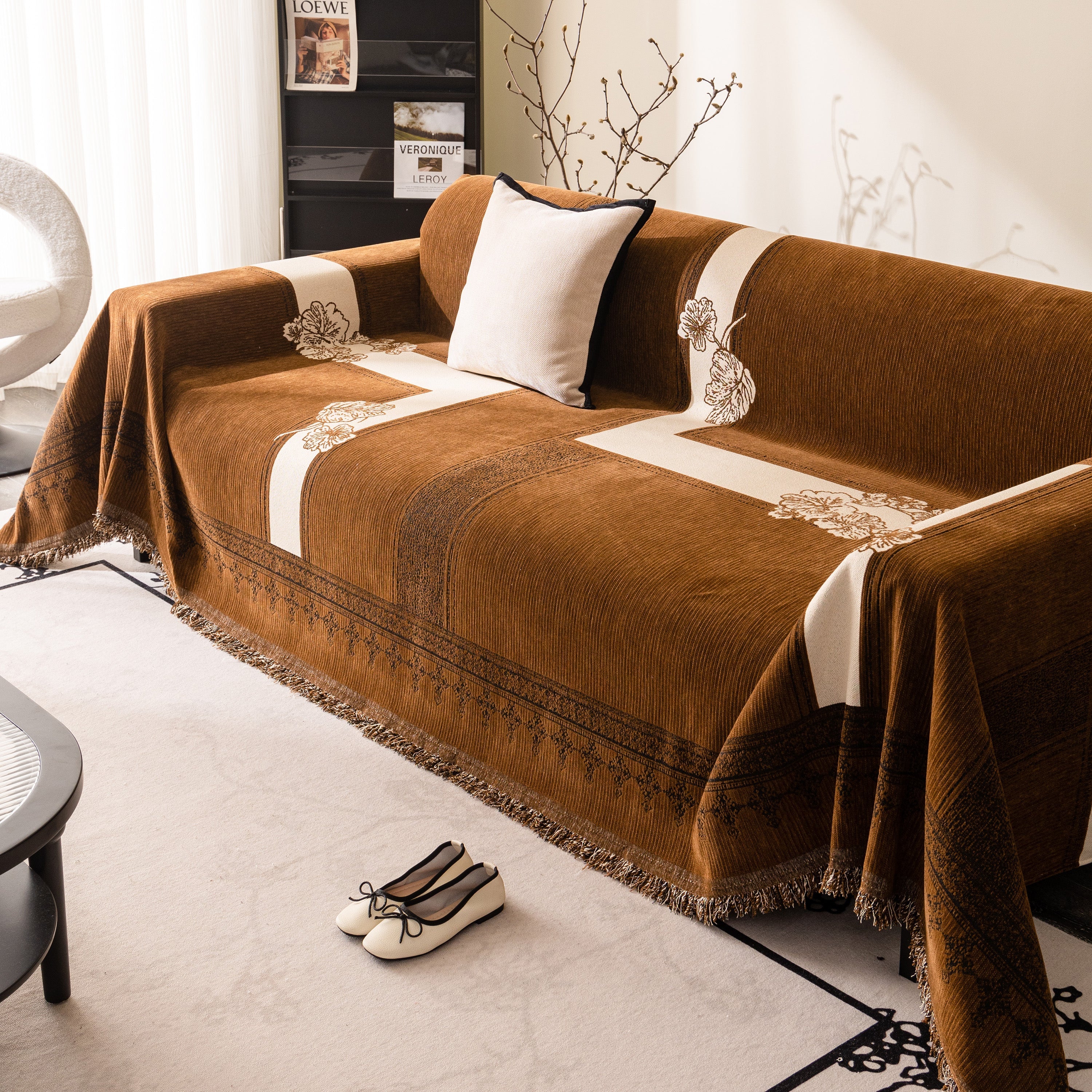 Jacquard Floral Band Sofa Cover with Tassels, Thick Textured Couch Throw Blanket - Image 24