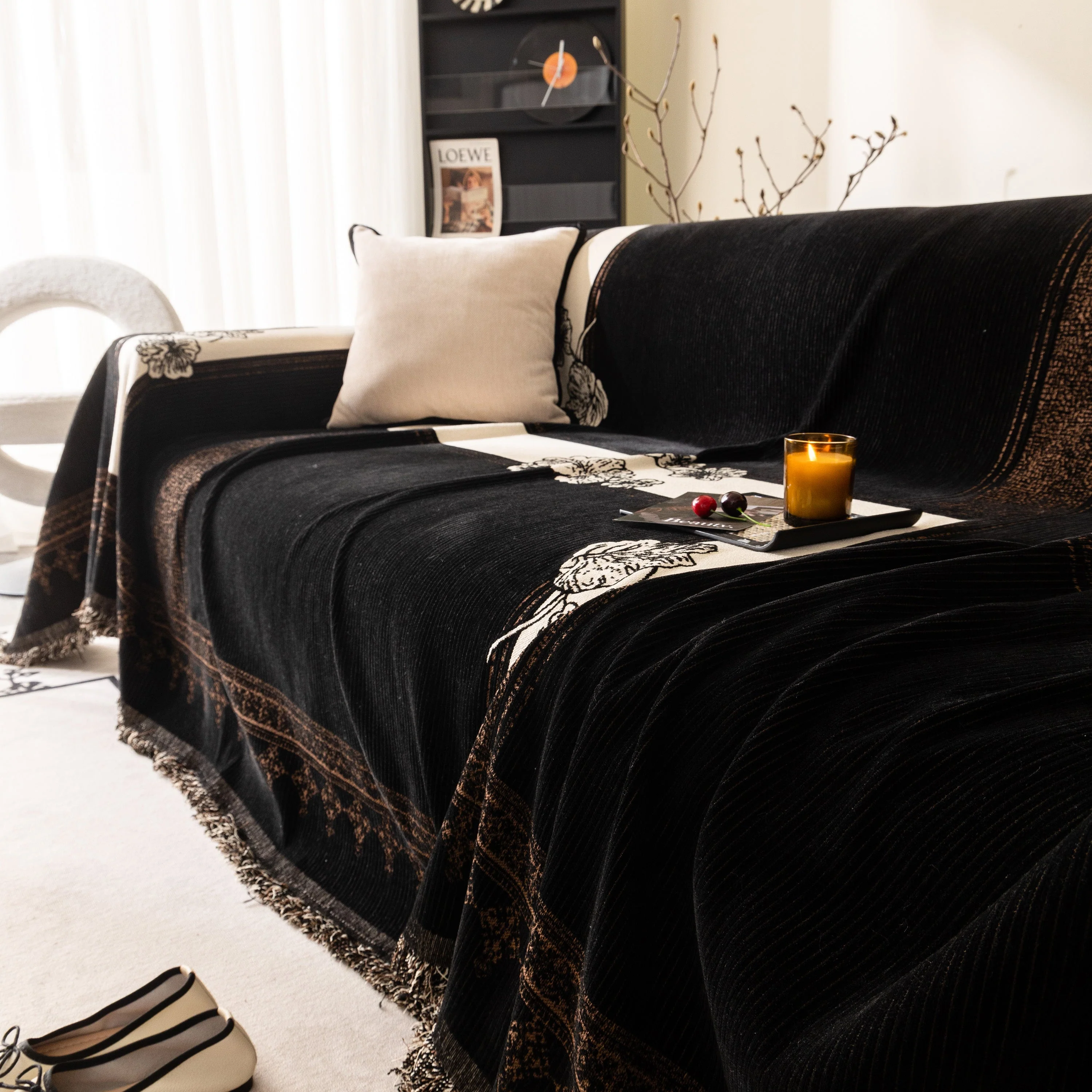 Jacquard Floral Band Sofa Cover with Tassels, Thick Textured Couch Throw Blanket - Image 29