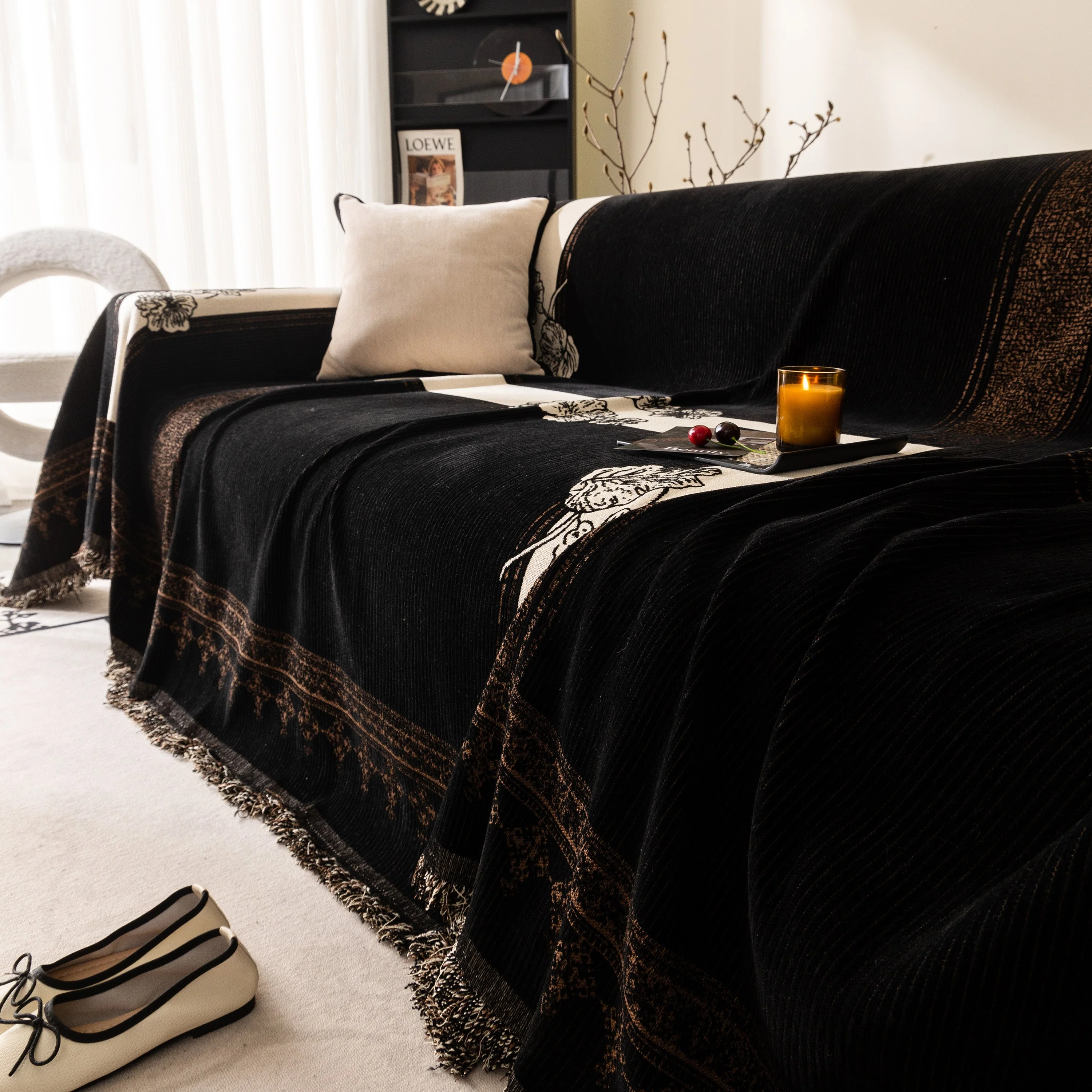 Jacquard Floral Band Sofa Cover with Tassels, Thick Textured Couch Throw Blanket - Image 30