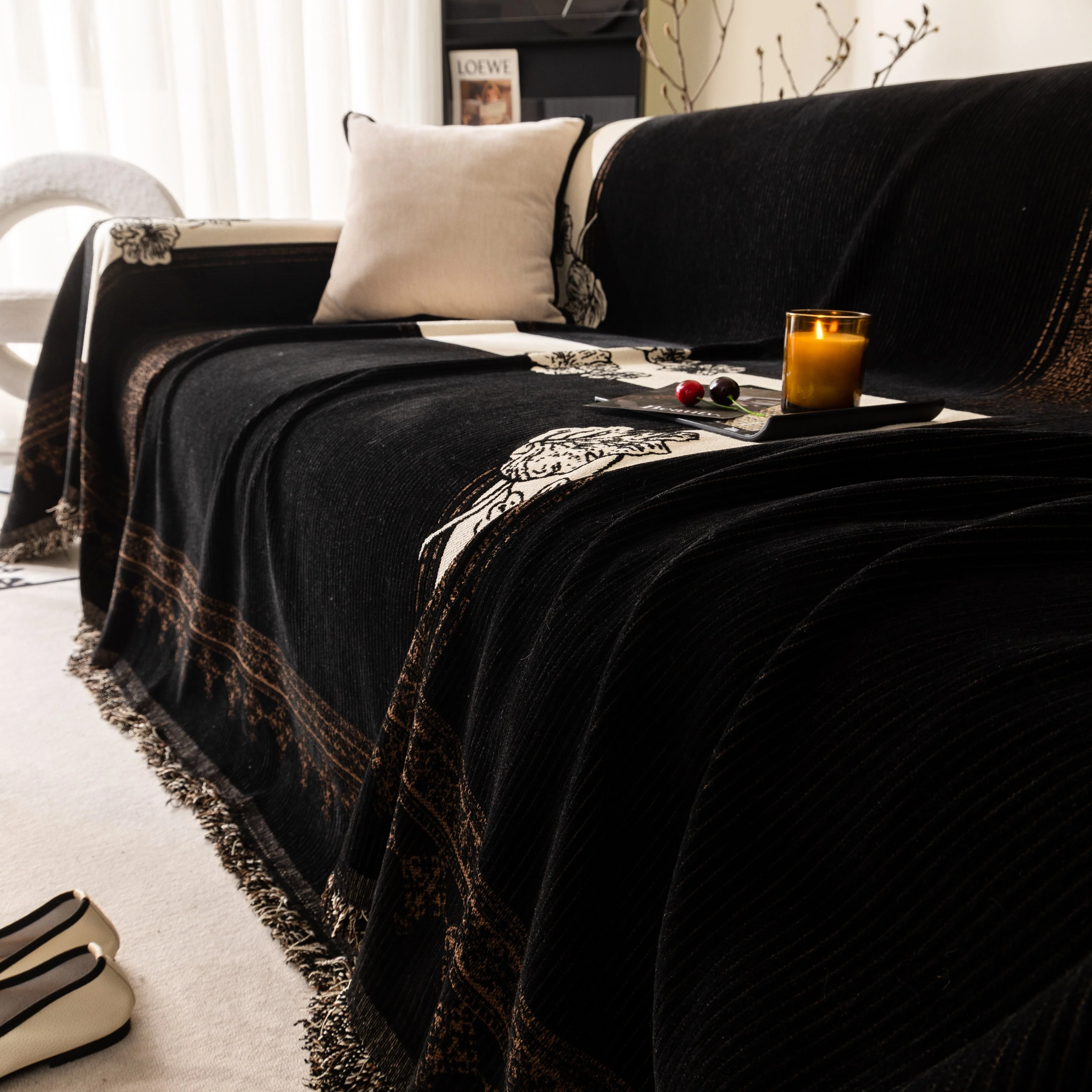 Jacquard Floral Band Sofa Cover with Tassels, Thick Textured Couch Throw Blanket - Image 36