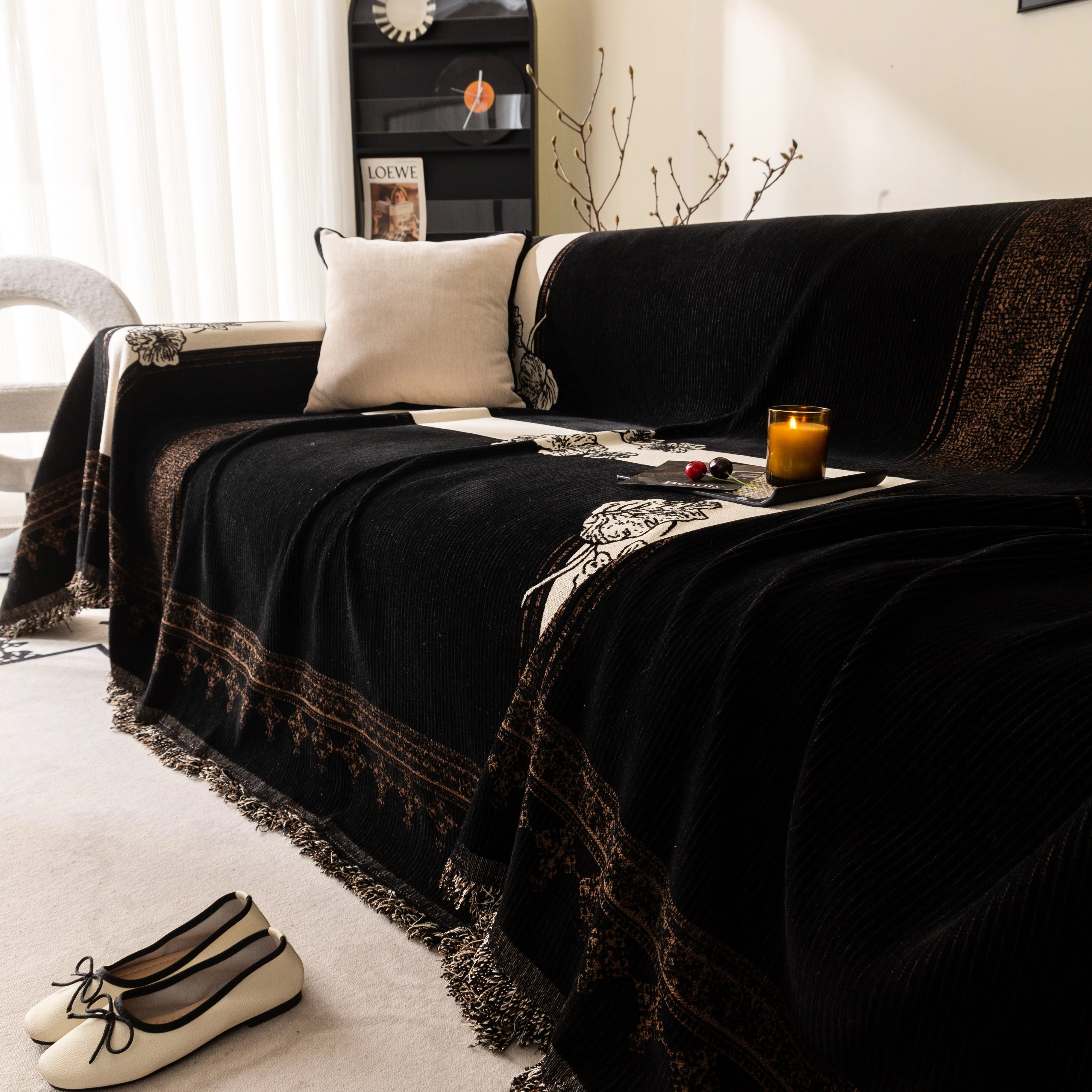 Jacquard Floral Band Sofa Cover with Tassels, Thick Textured Couch Throw Blanket - Image 37