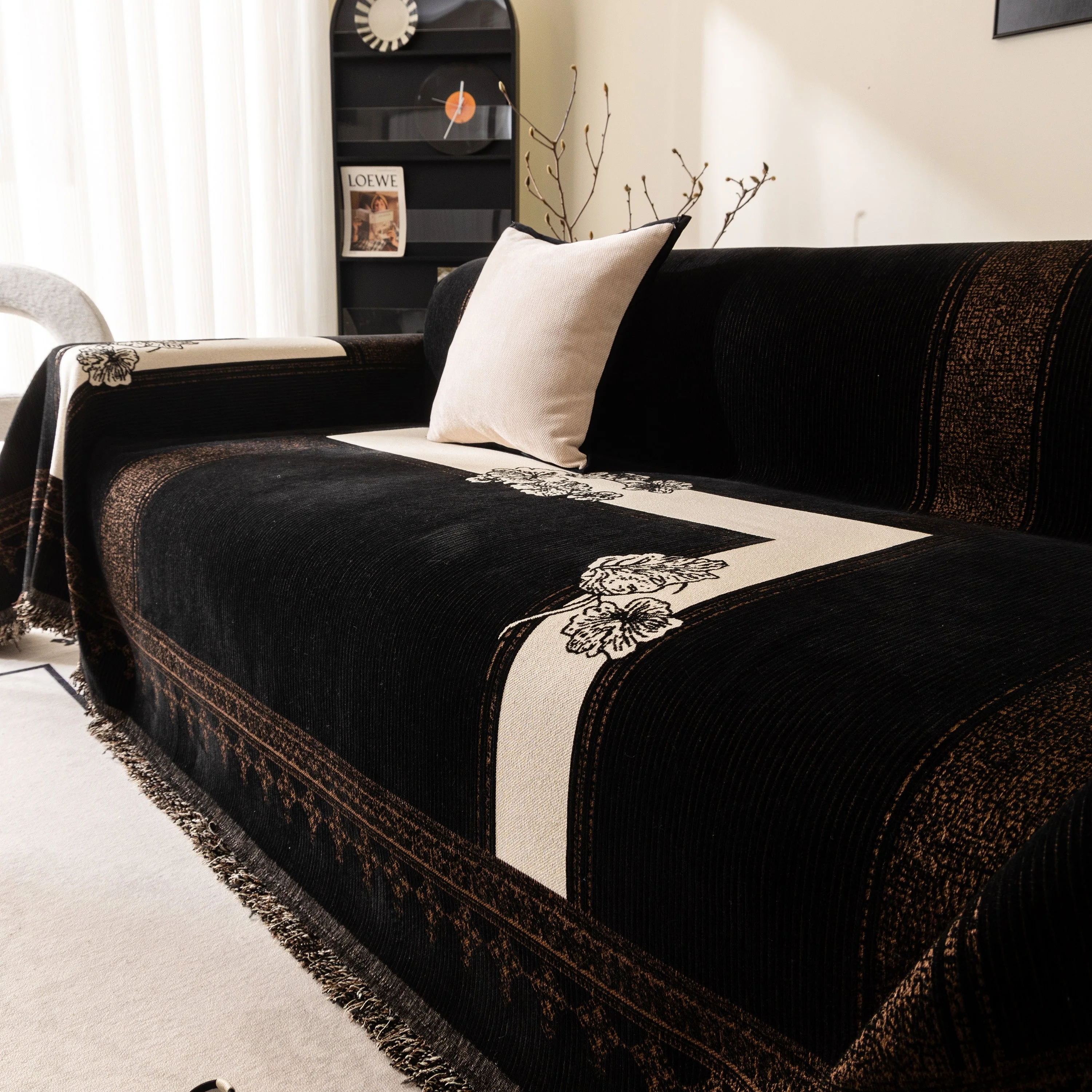 Jacquard Floral Band Sofa Cover with Tassels, Thick Textured Couch Throw Blanket - Image 41