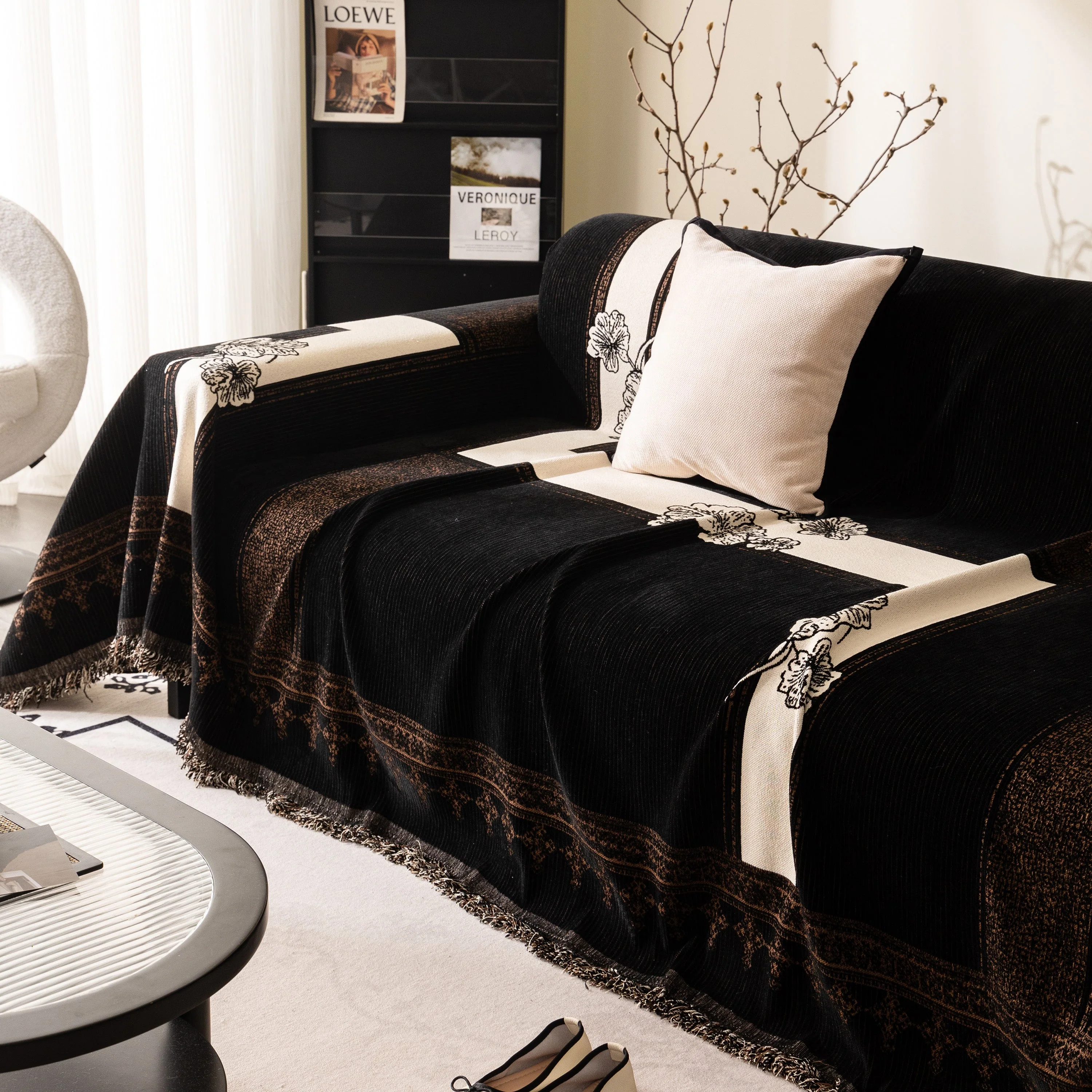Jacquard Floral Band Sofa Cover with Tassels, Thick Textured Couch Throw Blanket - Image 47