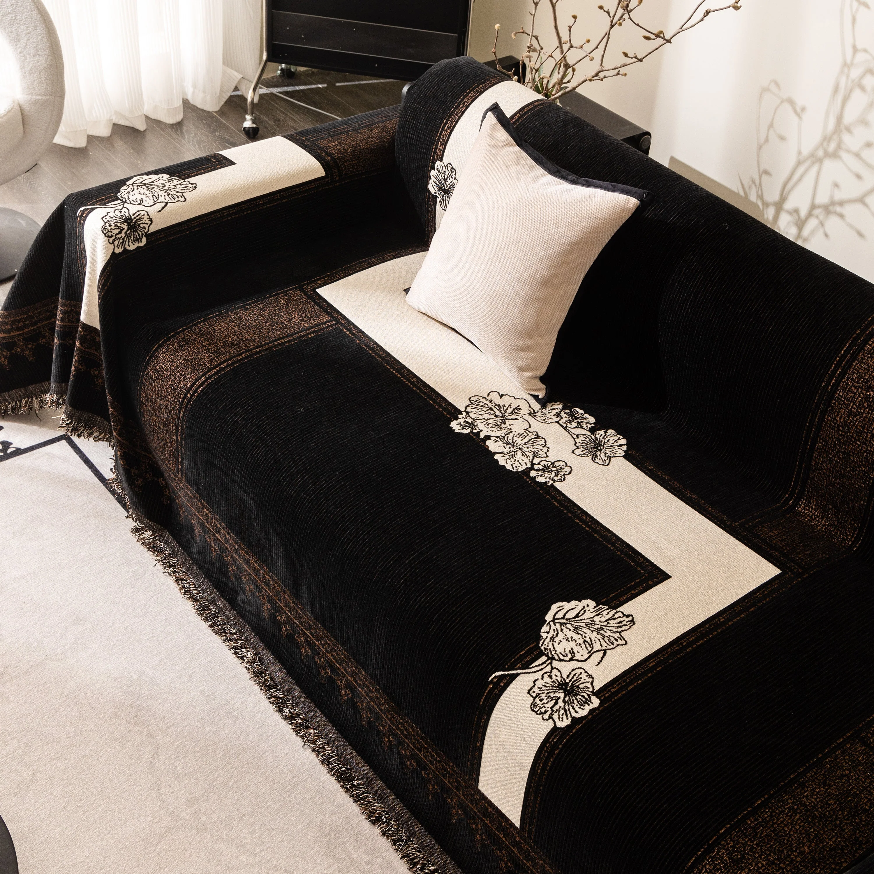 Jacquard Floral Band Sofa Cover with Tassels, Thick Textured Couch Throw Blanket - Image 49