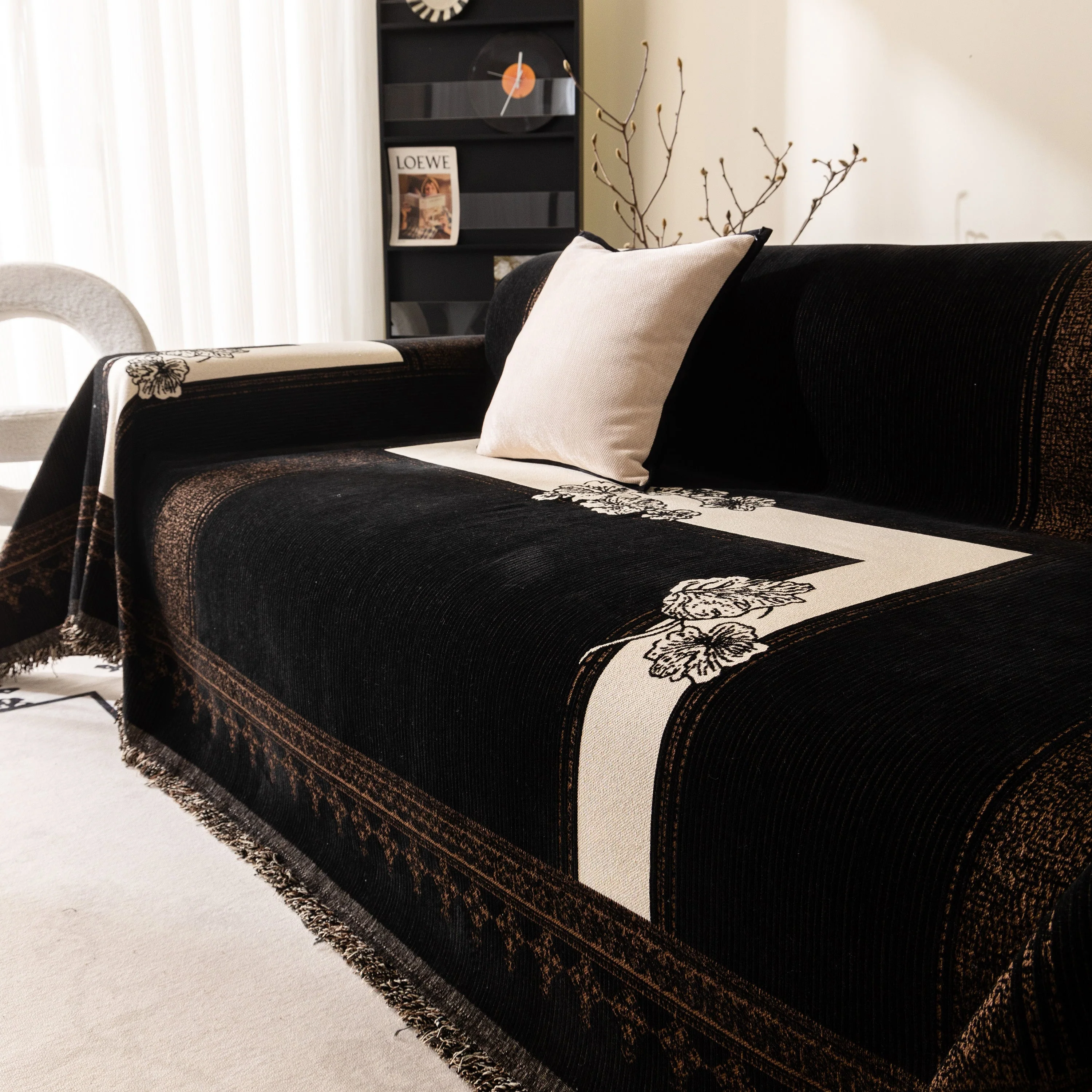 Jacquard Floral Band Sofa Cover with Tassels, Thick Textured Couch Throw Blanket - Image 53