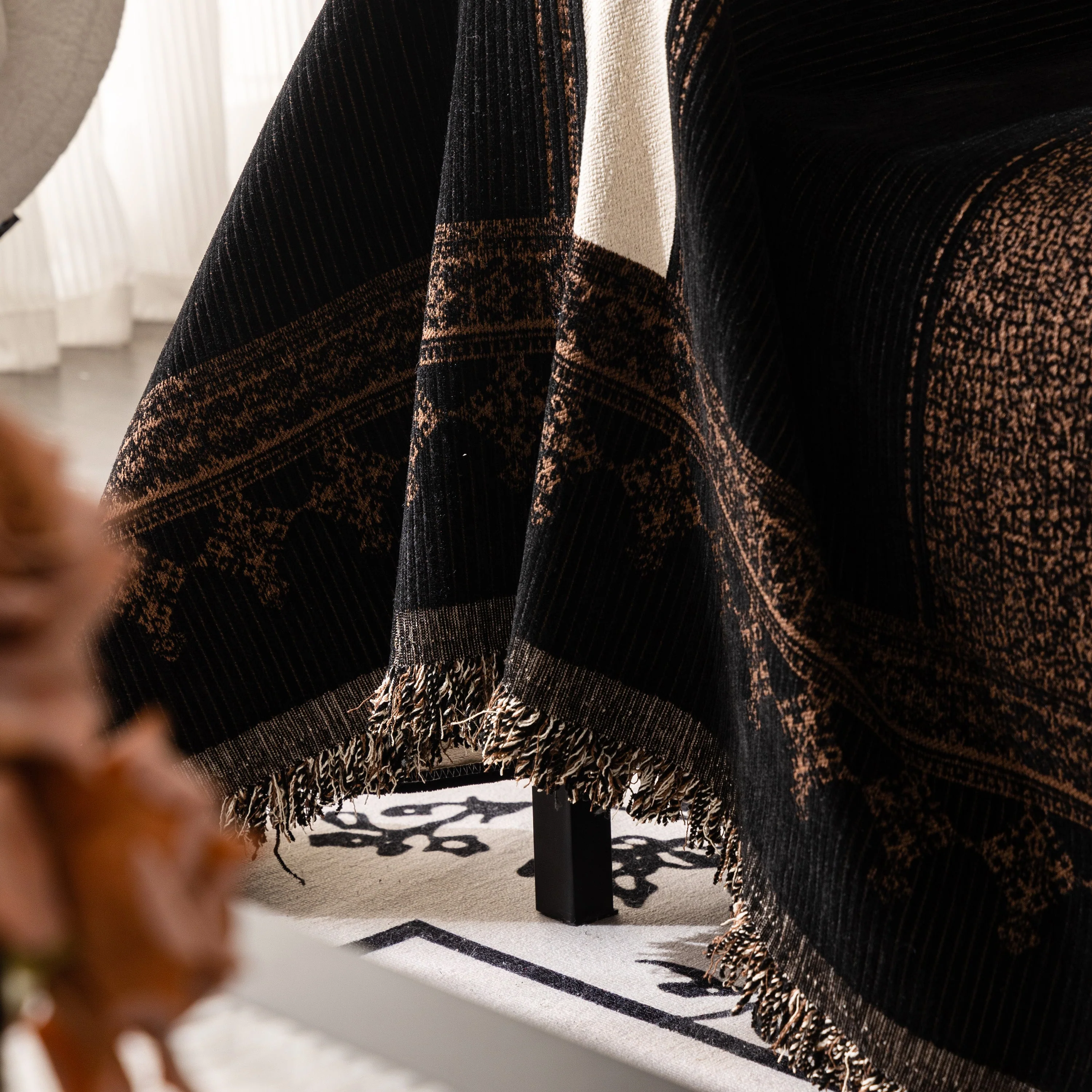 Jacquard Floral Band Sofa Cover with Tassels, Thick Textured Couch Throw Blanket - Image 54