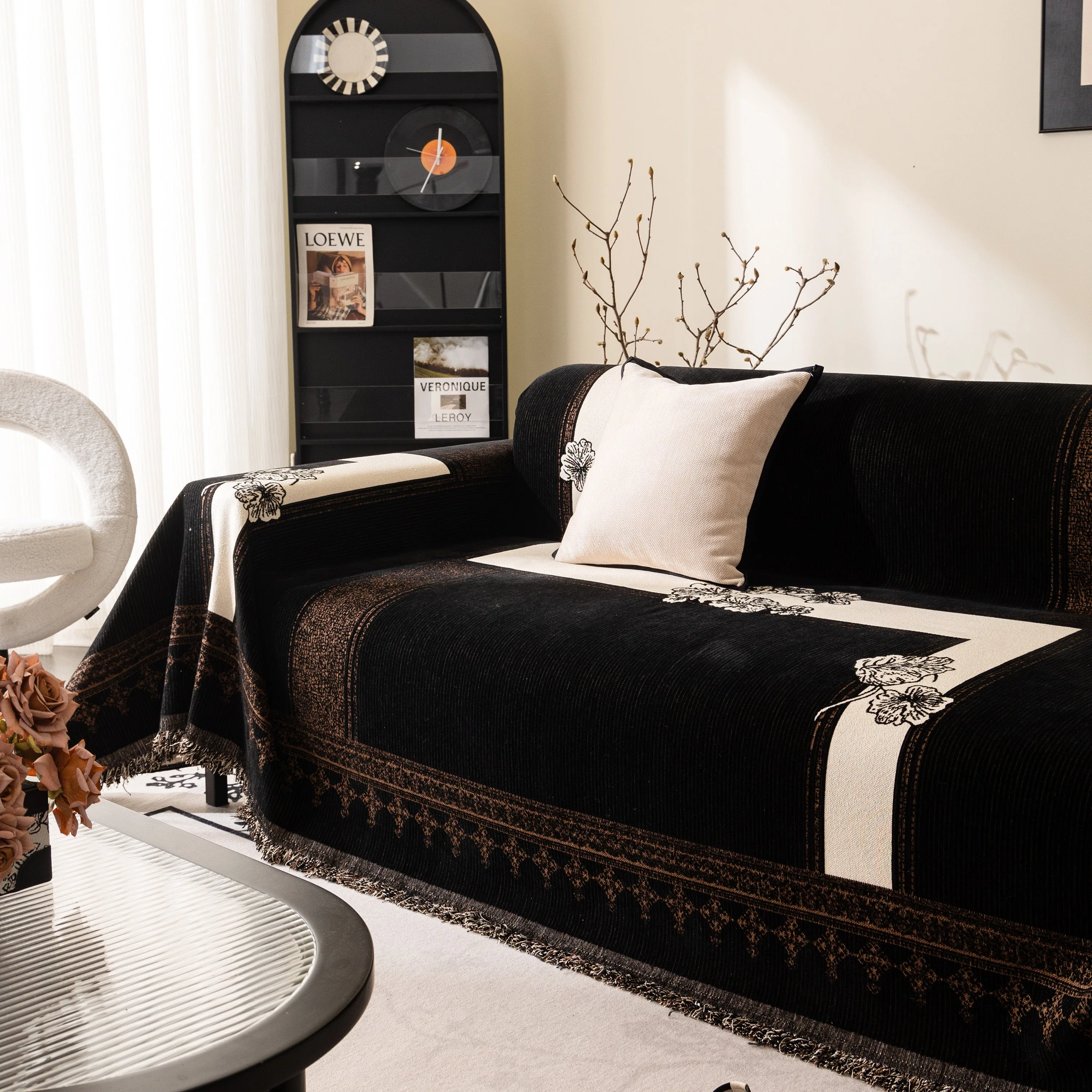 Jacquard Floral Band Sofa Cover with Tassels, Thick Textured Couch Throw Blanket - Image 56
