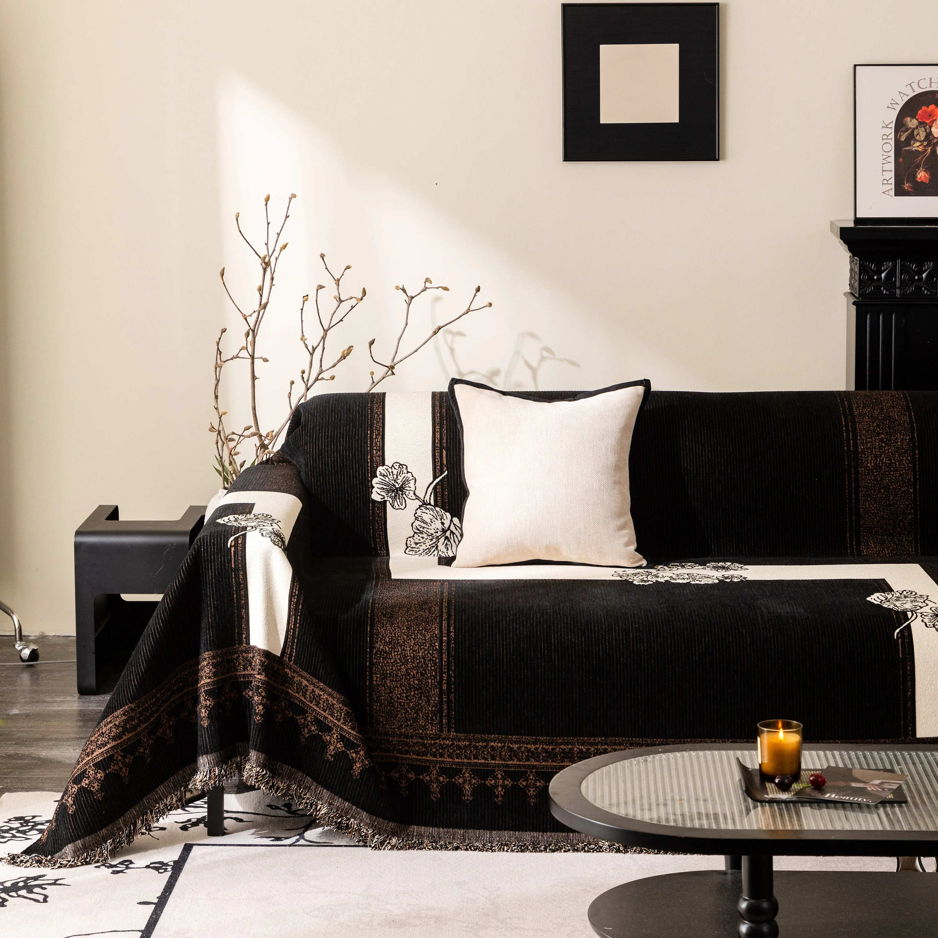Jacquard Floral Band Sofa Cover with Tassels, Thick Textured Couch Throw Blanket - Image 57