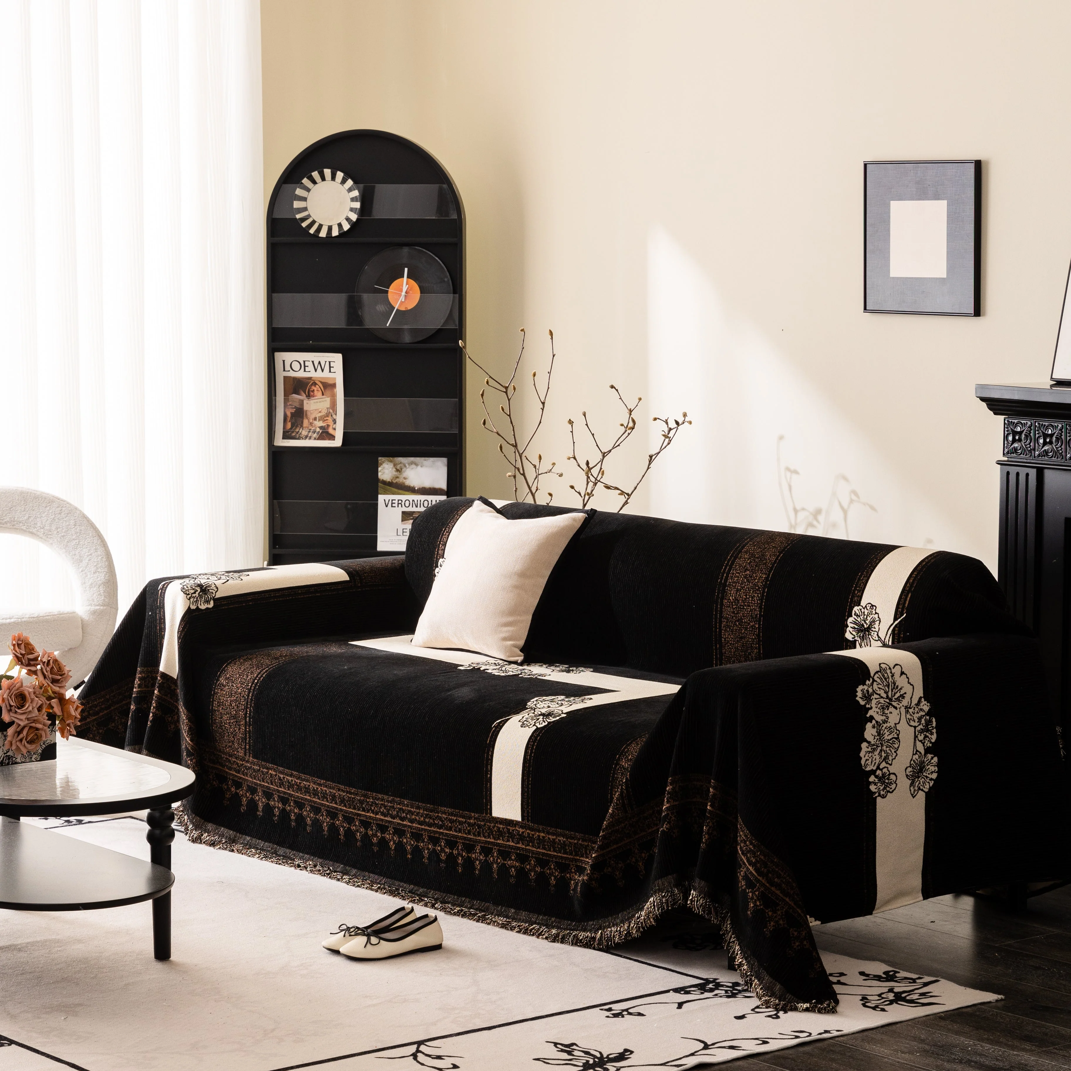 Jacquard Floral Band Sofa Cover with Tassels, Thick Textured Couch Throw Blanket - Image 59