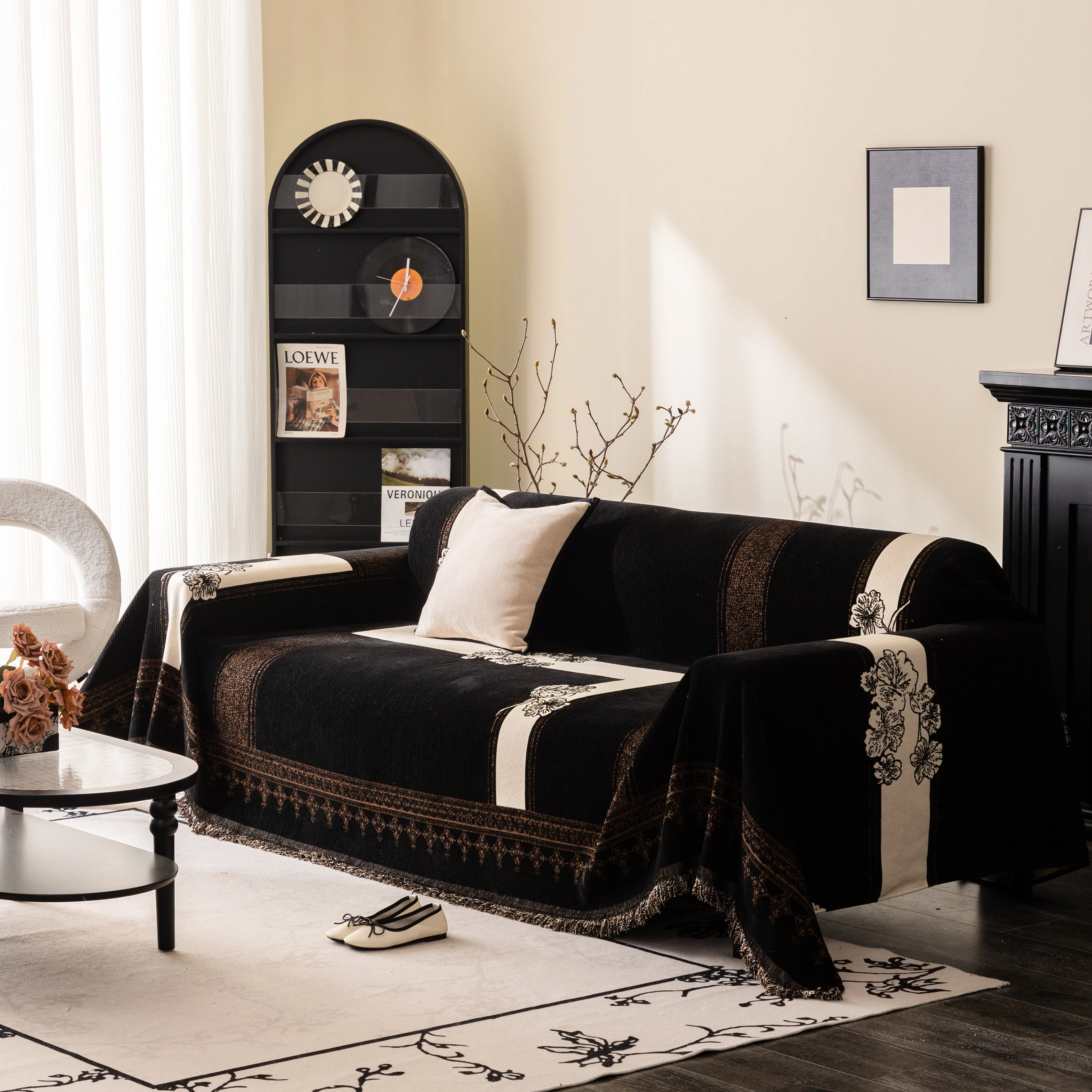 Jacquard Floral Band Sofa Cover with Tassels, Thick Textured Couch Throw Blanket - Image 60