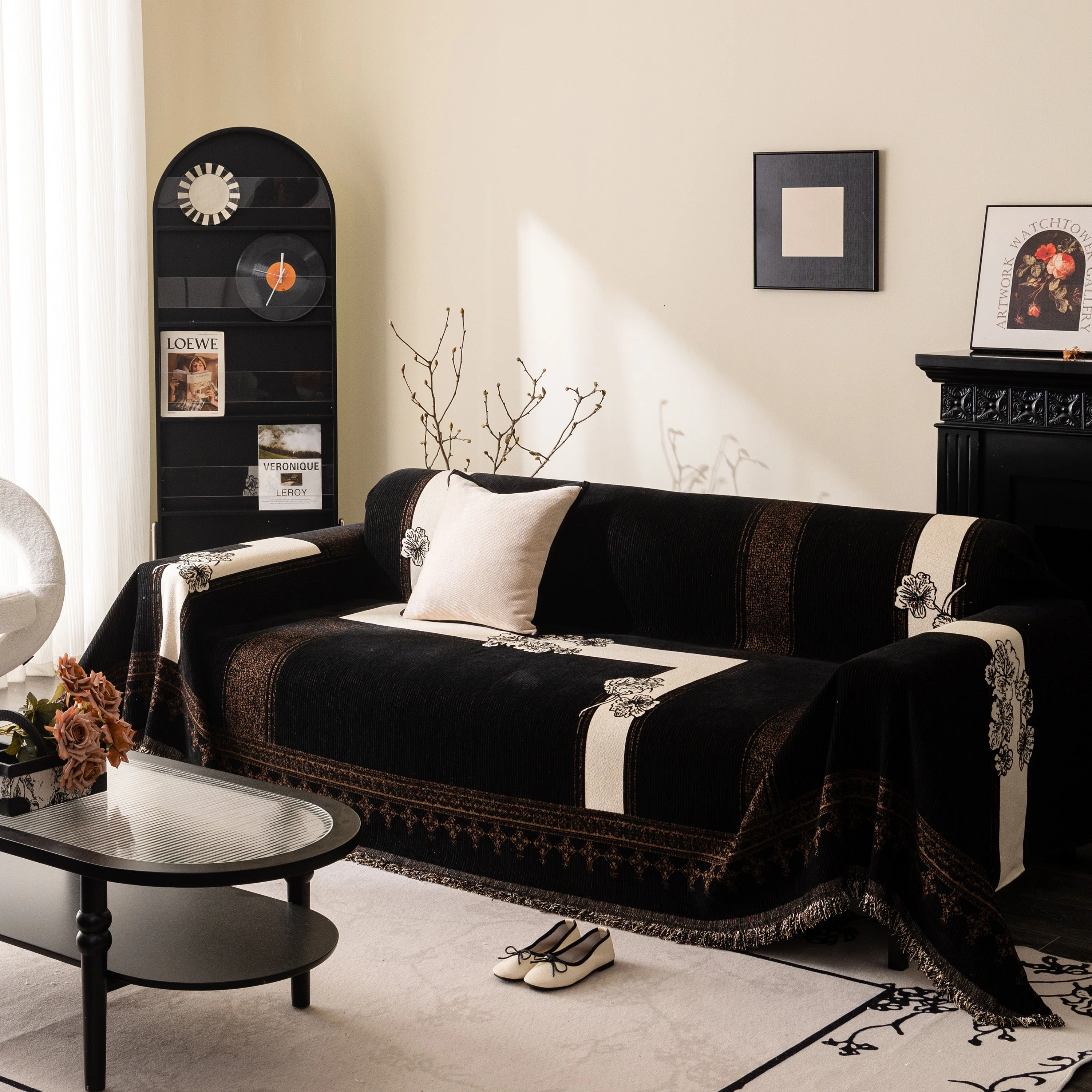 Jacquard Floral Band Sofa Cover with Tassels, Thick Textured Couch Throw Blanket - Image 61