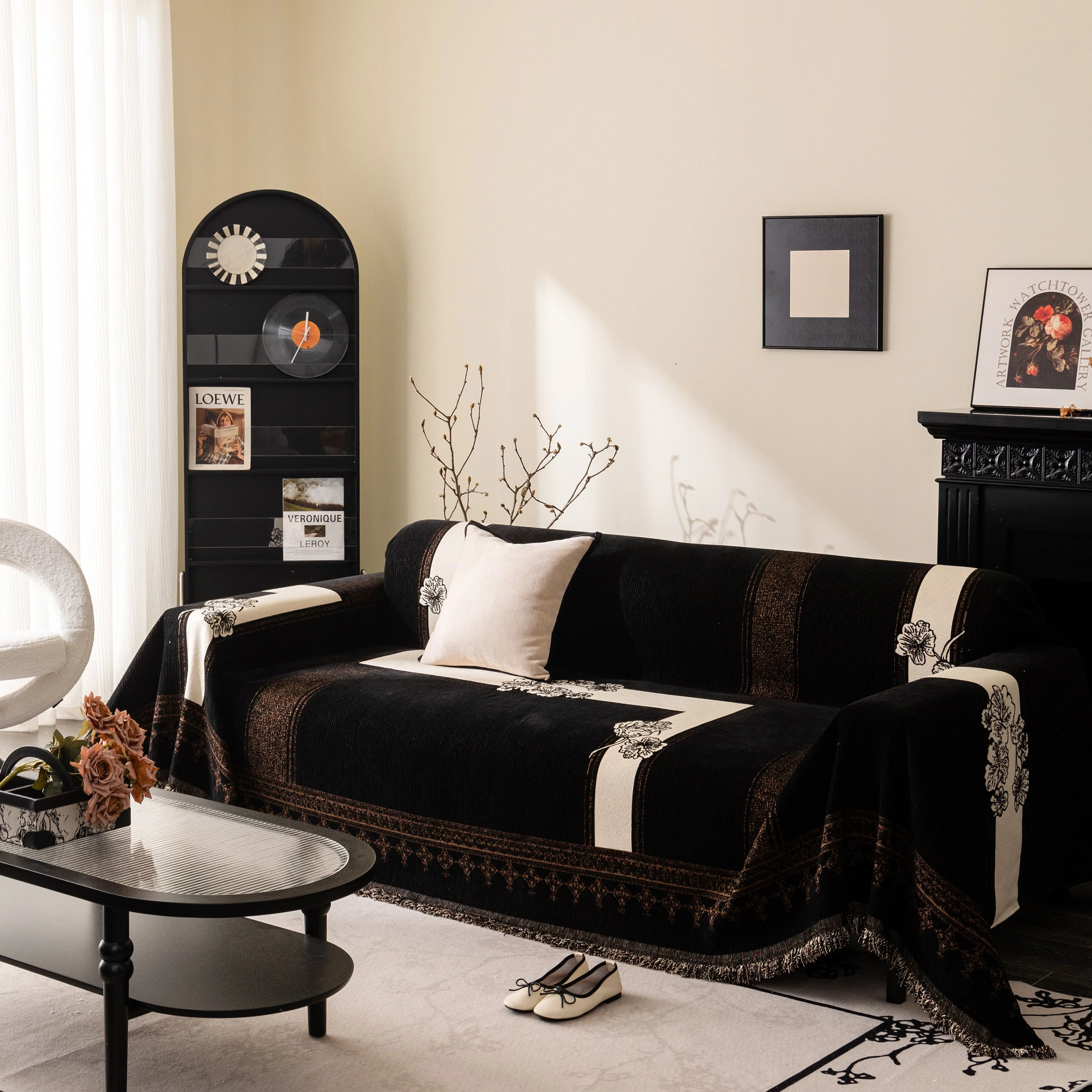 Jacquard Floral Band Sofa Cover with Tassels, Thick Textured Couch Throw Blanket - Image 62