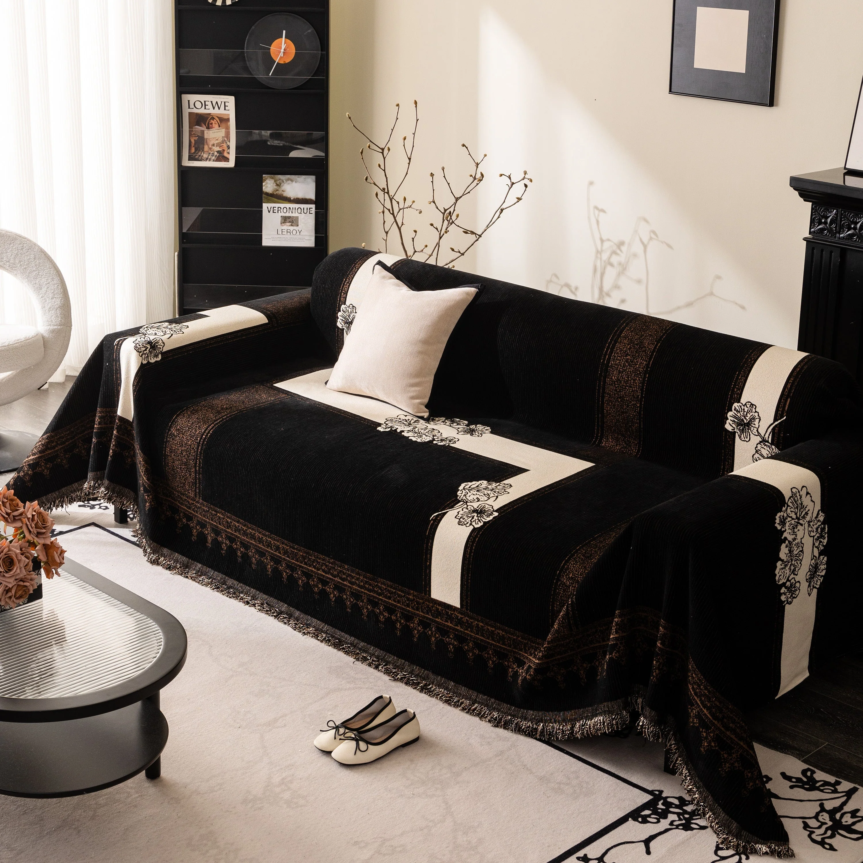 Jacquard Floral Band Sofa Cover with Tassels, Thick Textured Couch Throw Blanket - Image 63